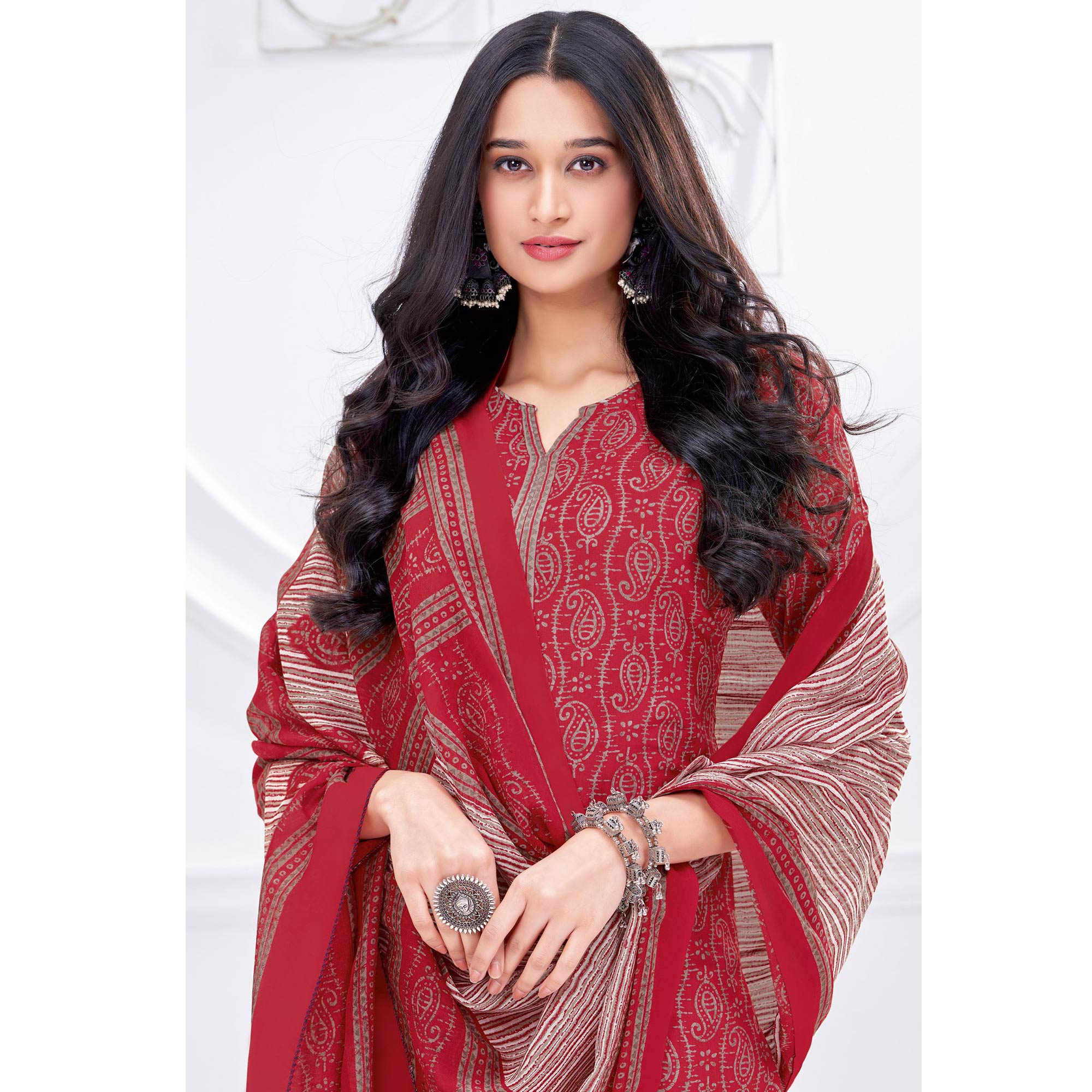 Red Printed Pure Cotton Suit