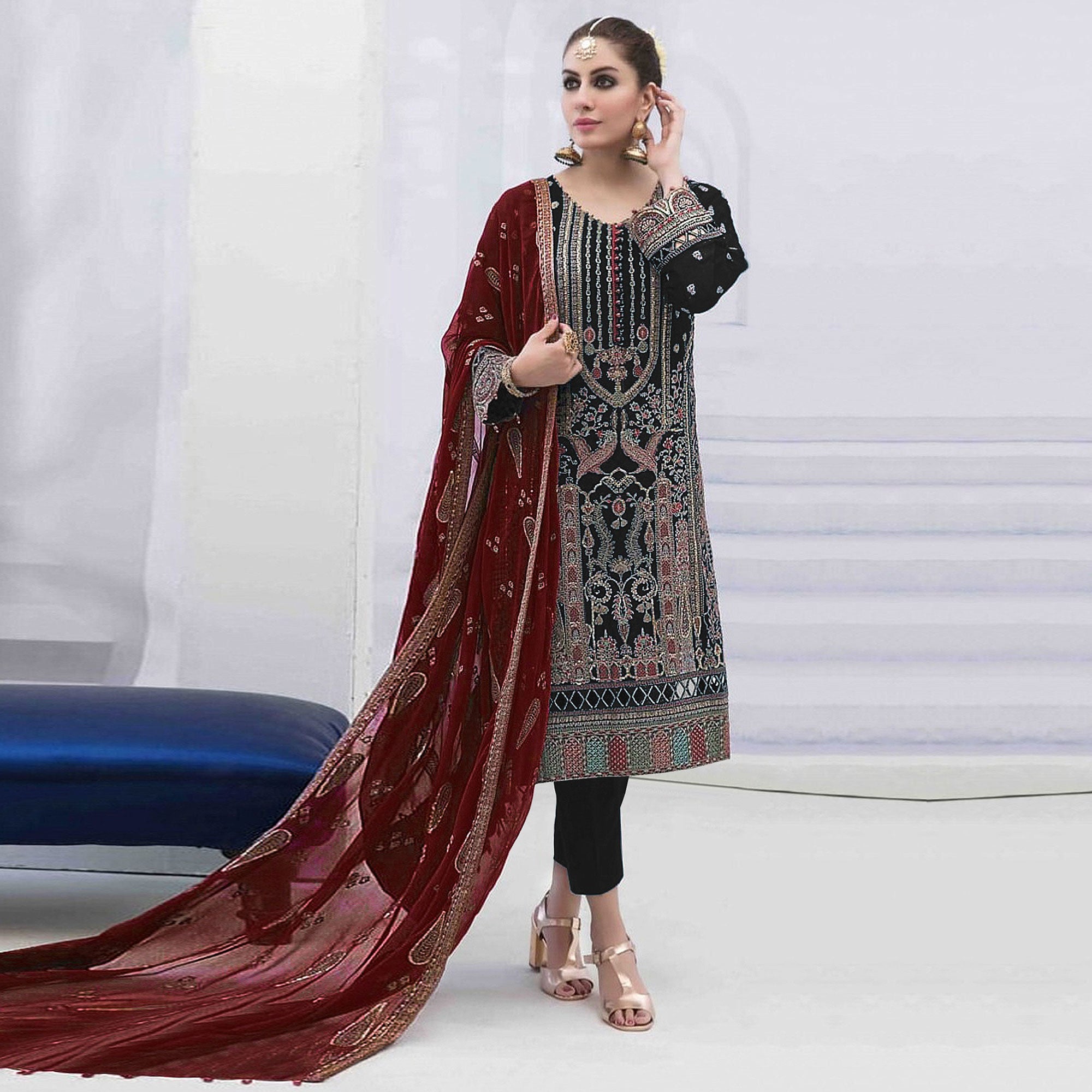 Black Embroidered Georgette Semi Stitched Pakistani Suit