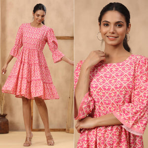 Pink Geometric Printed Rayon Dress