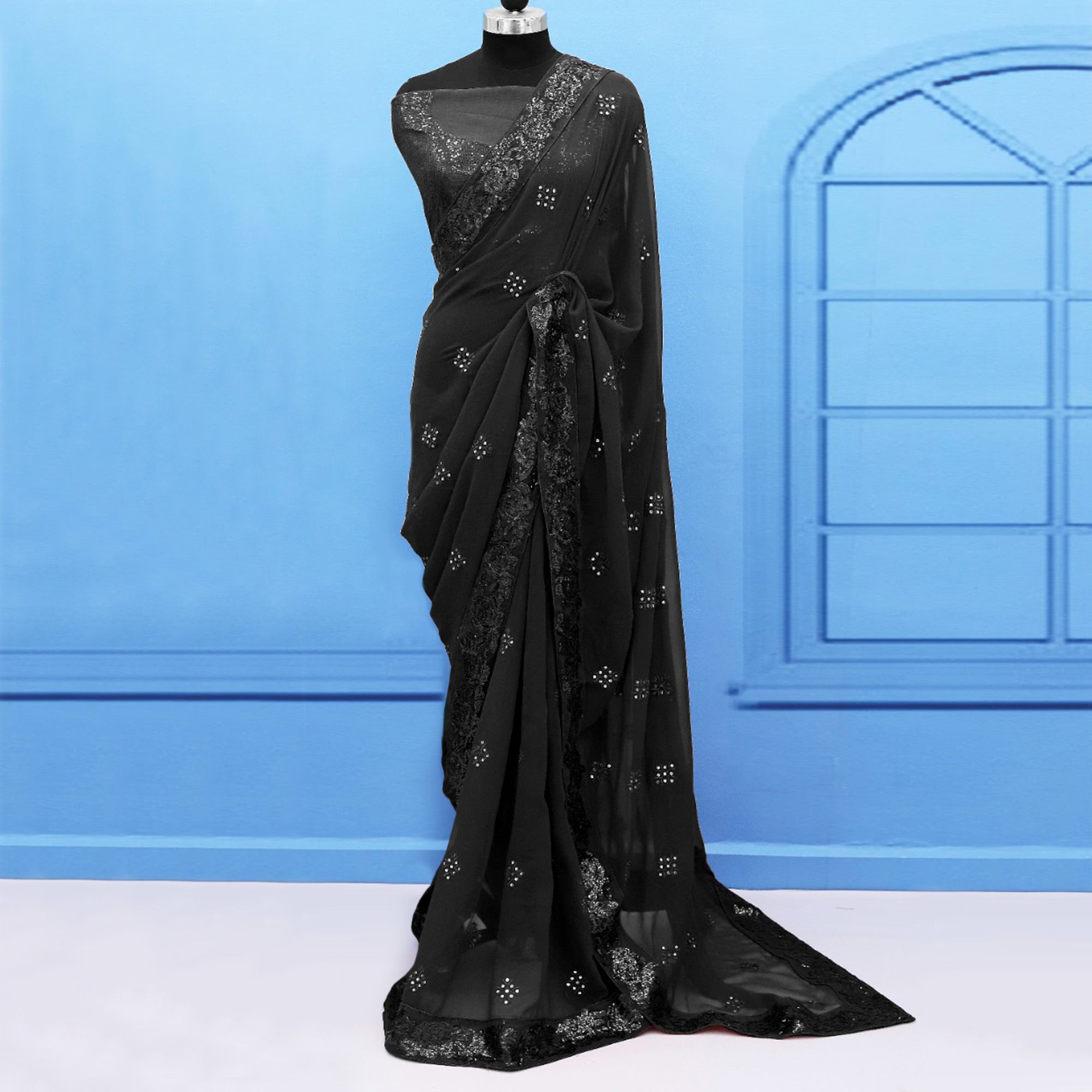Black Sequins Emroidered Georgette Saree