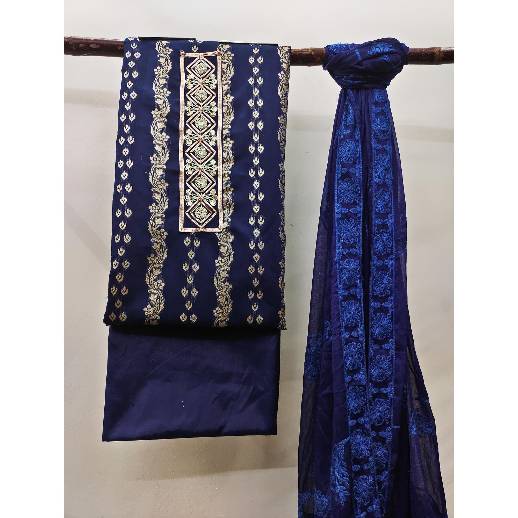 Navy Blue Woven Banarasi Silk Dress Material