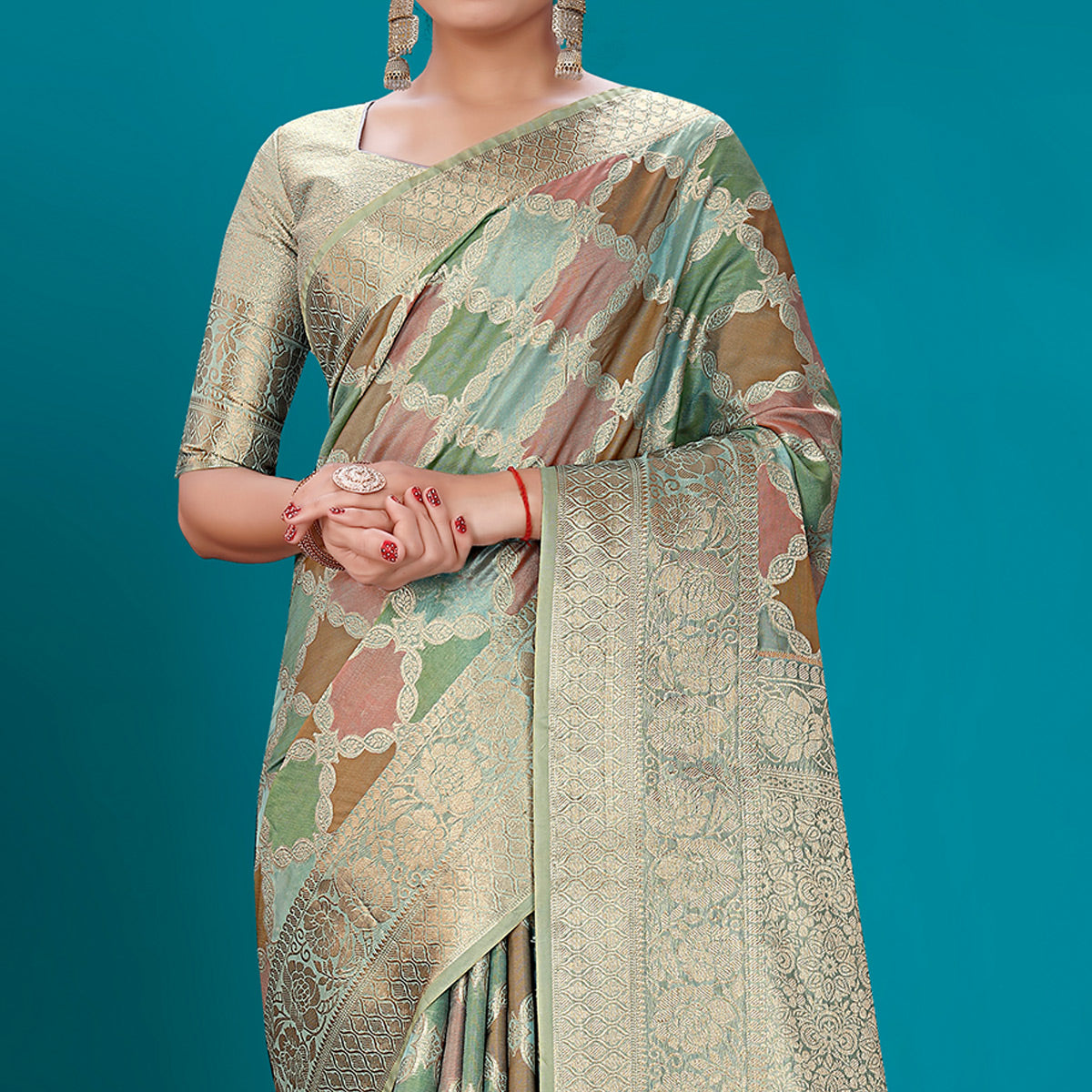 Blue Woven Organza Saree With Tassels