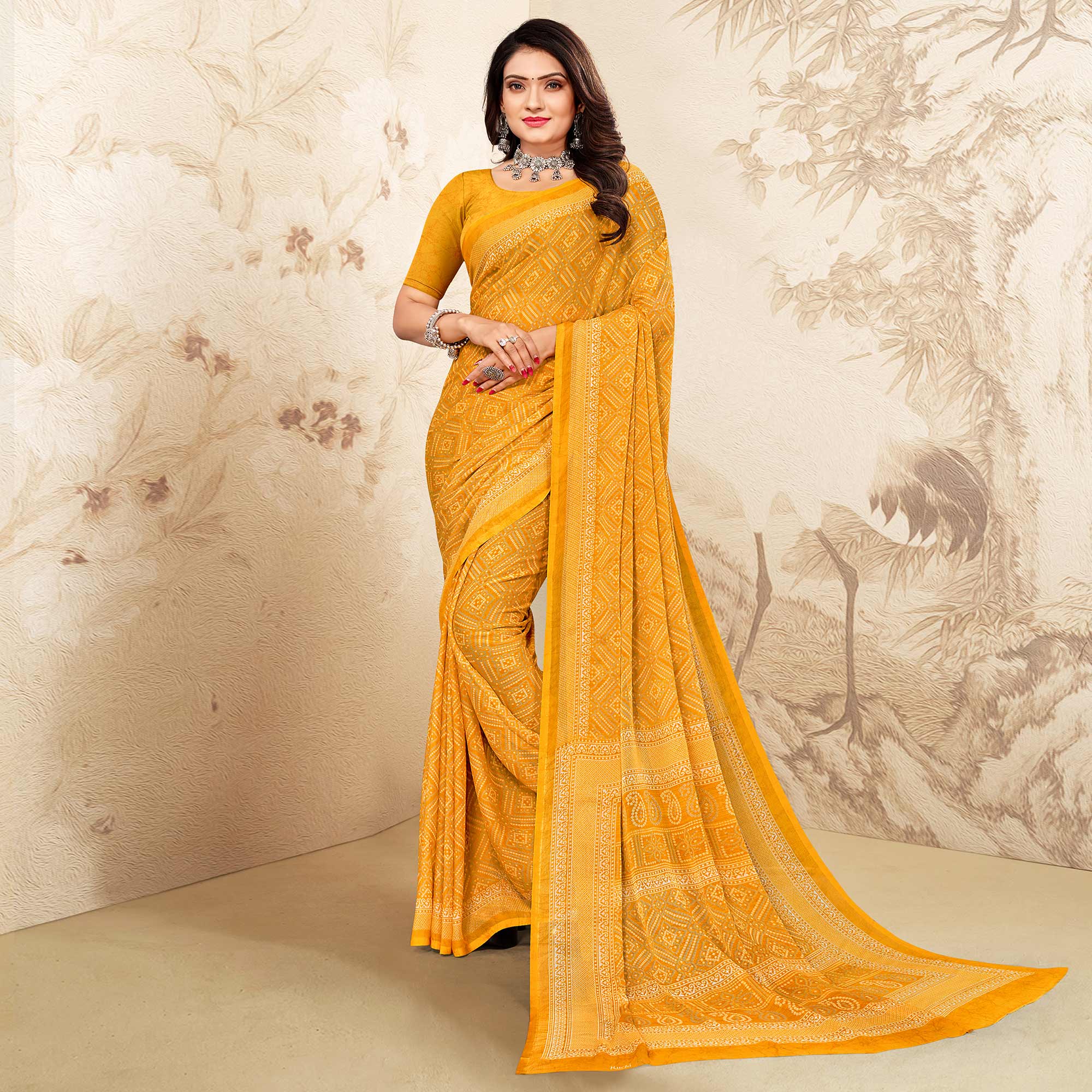 Yellow Bandhani Printed Chiffon Saree