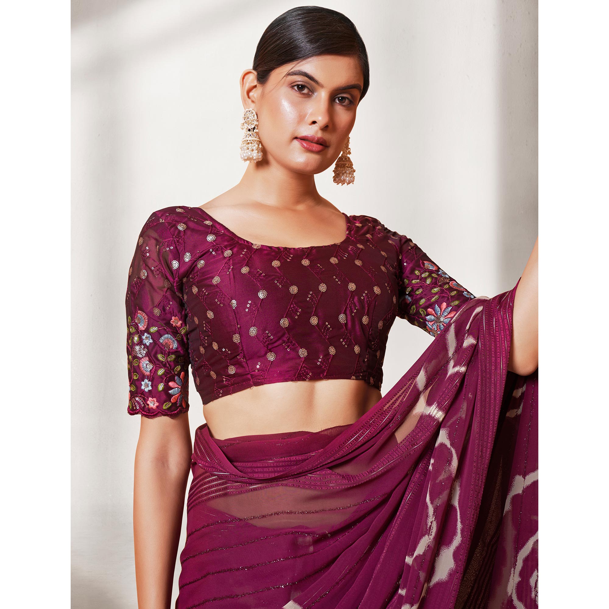 Wine Printed Wiht Embroidered Georgette Saree