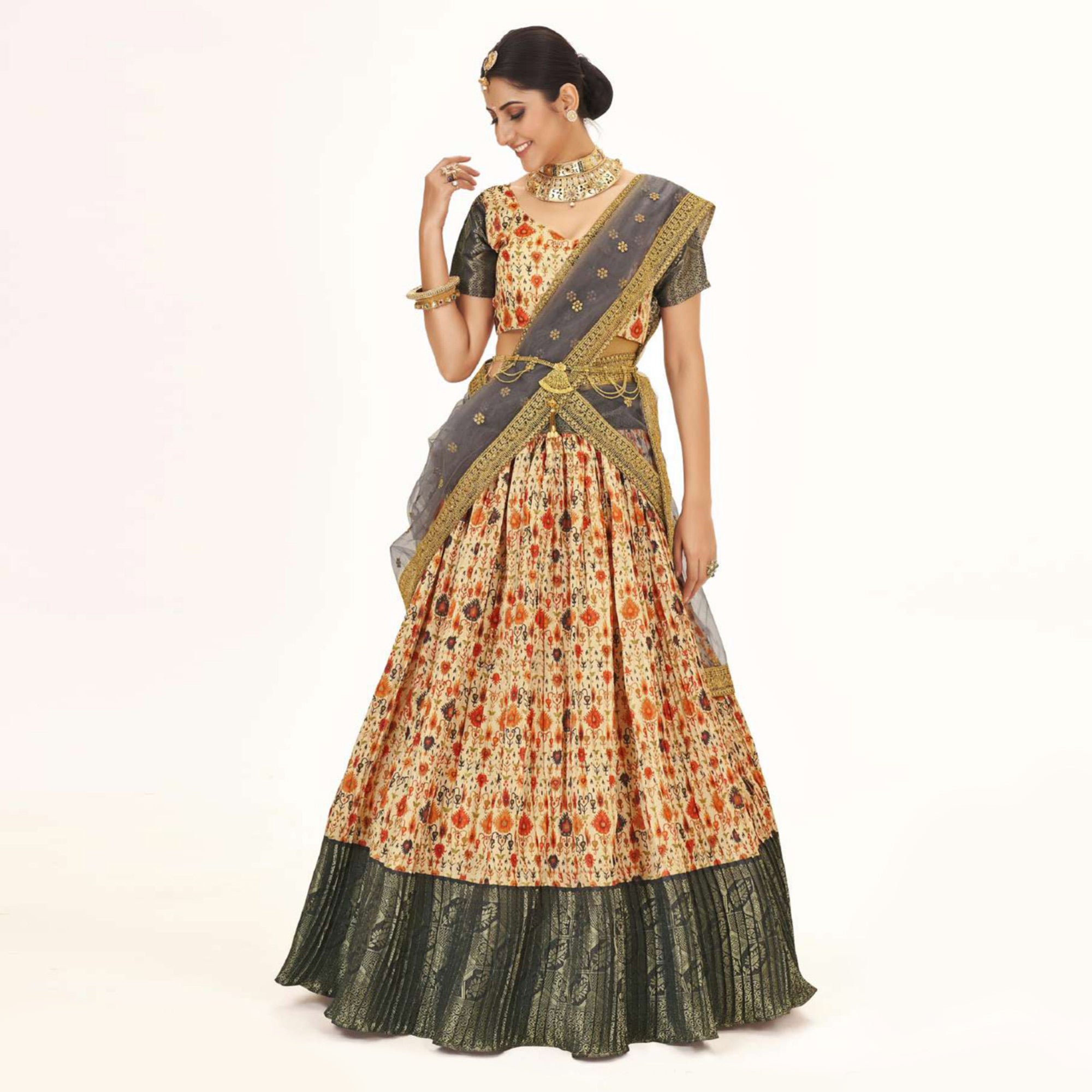 Peach Digital Printed With Zari Work Art Silk Lehenga Choli