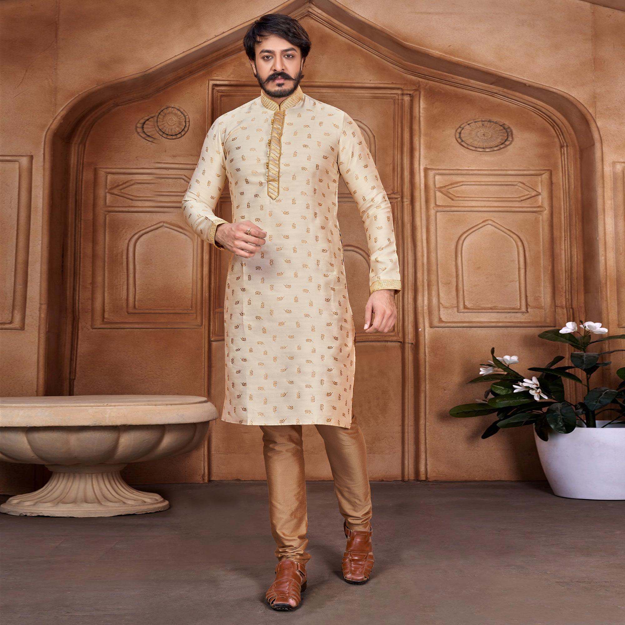 Beige Woven Jacquard Kurta Pyjama Set