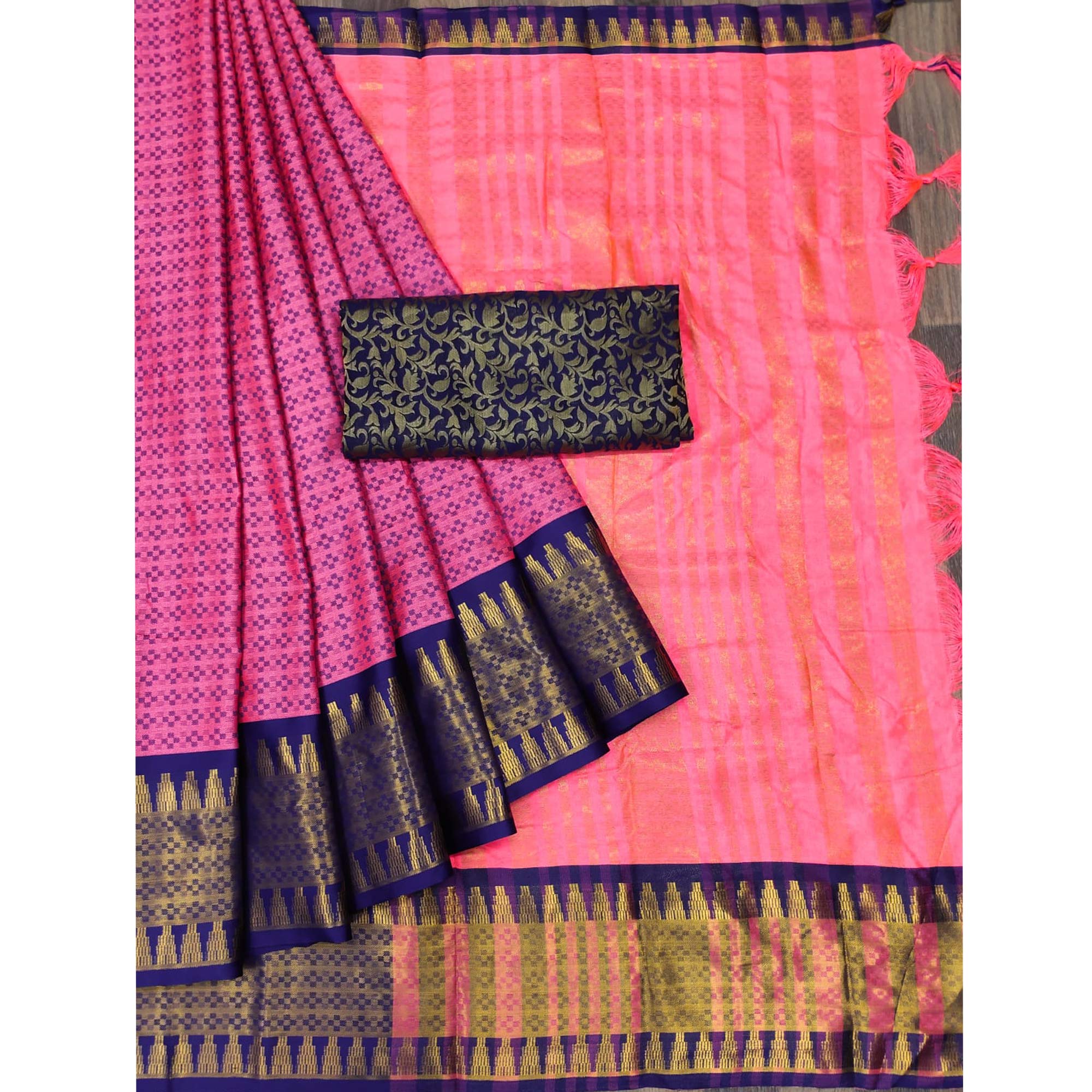 Pink Woven Cotton Silk Saree With Tassels