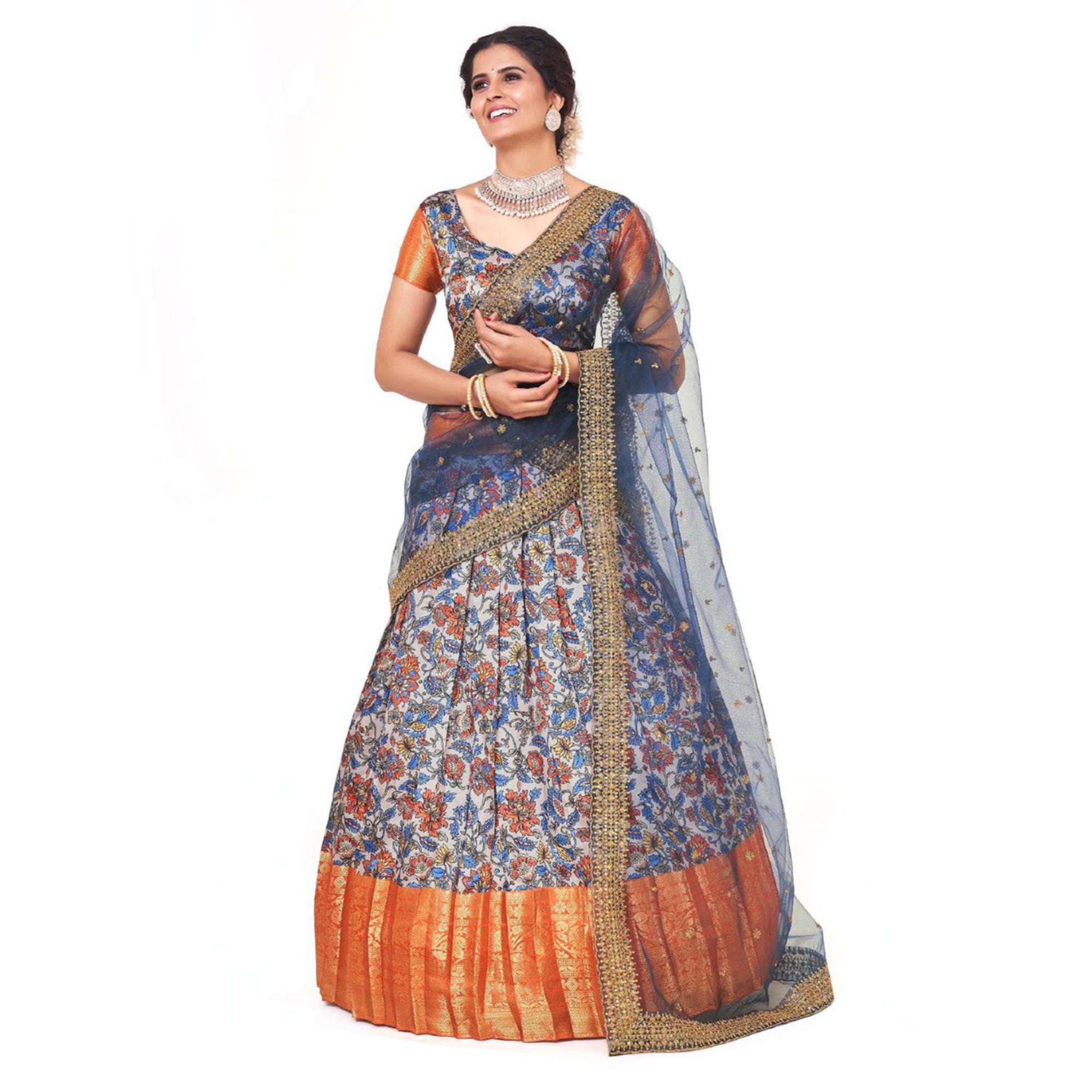Blue Digital Printed With Zari Work Art Silk Lehenga Choli