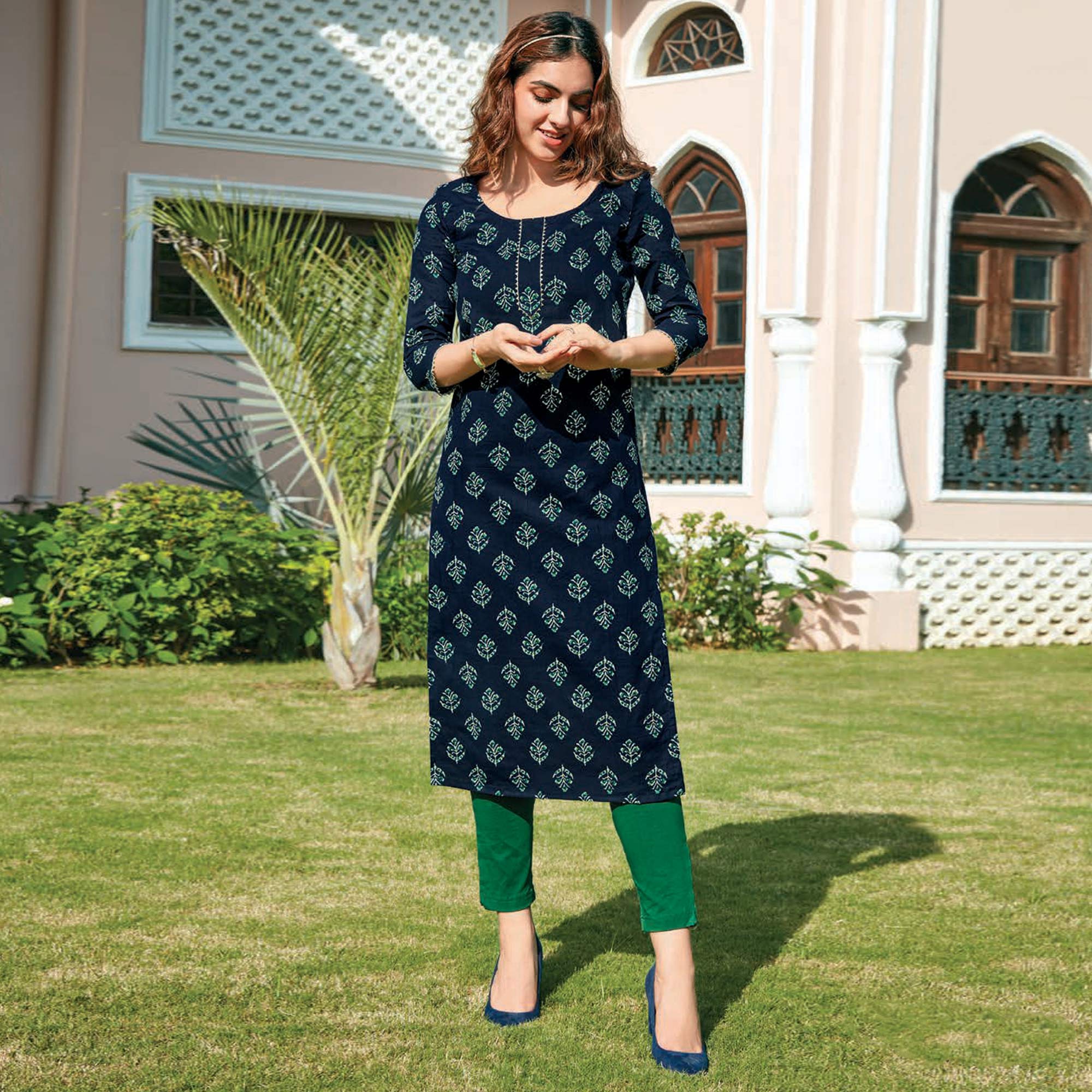 Navy Blue Floral Printed Cotton Blend Kurti