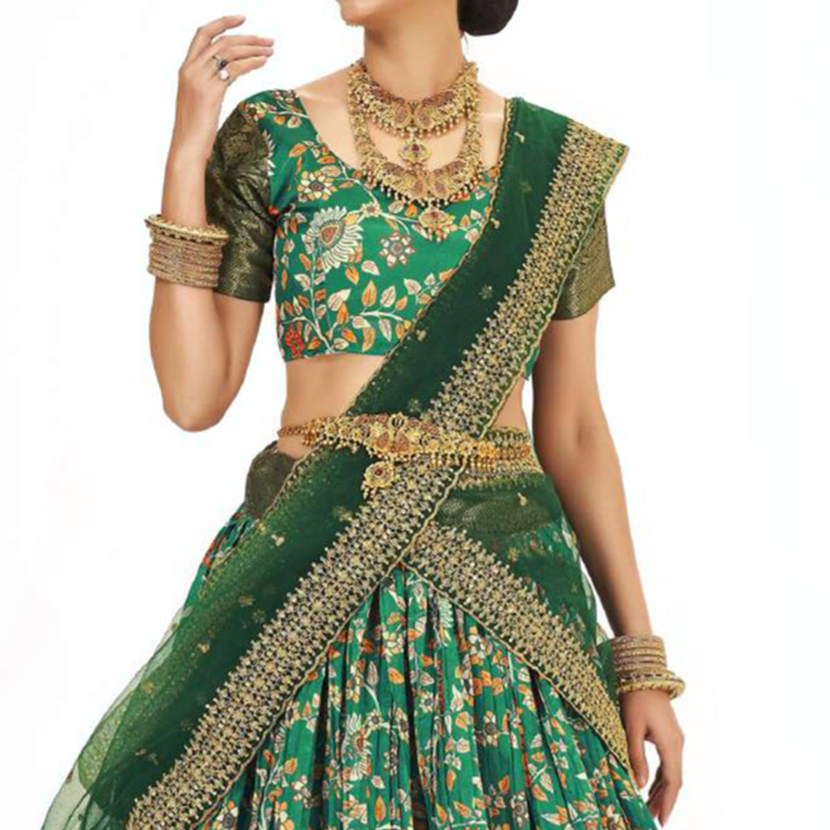 Sea Green Digital Printed With Zari Work Art Silk Lehenga Choli