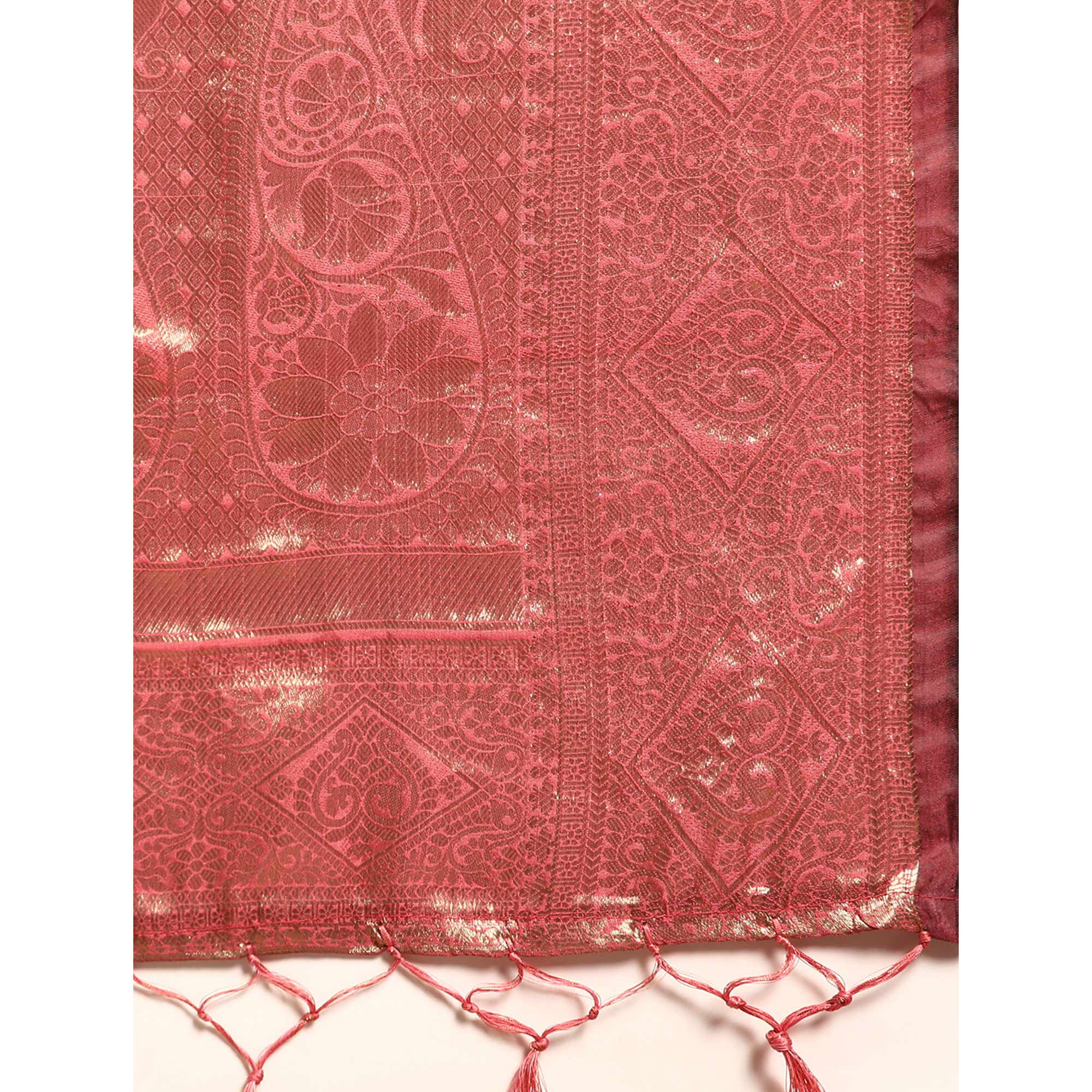 Pink Woven Organza Silk Saree With Tassels
