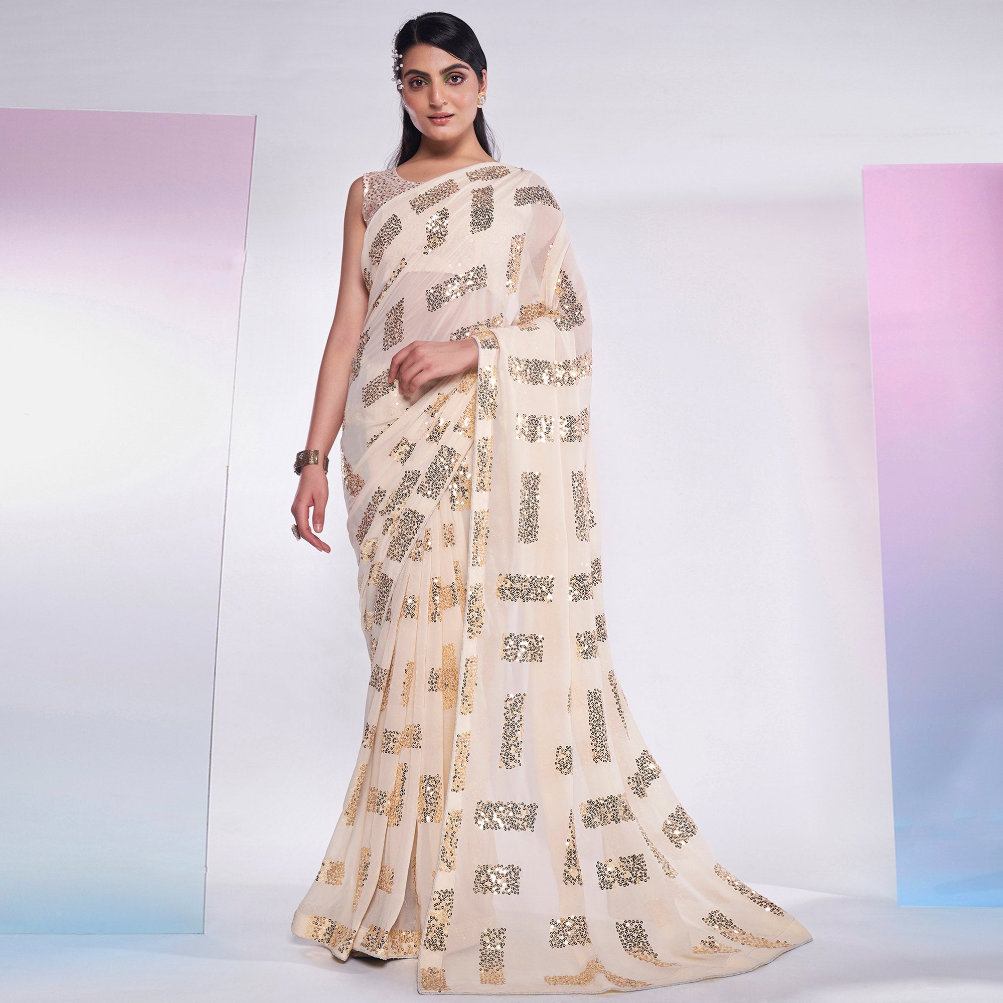 Cream Sequins Embroidered Georgette Saree