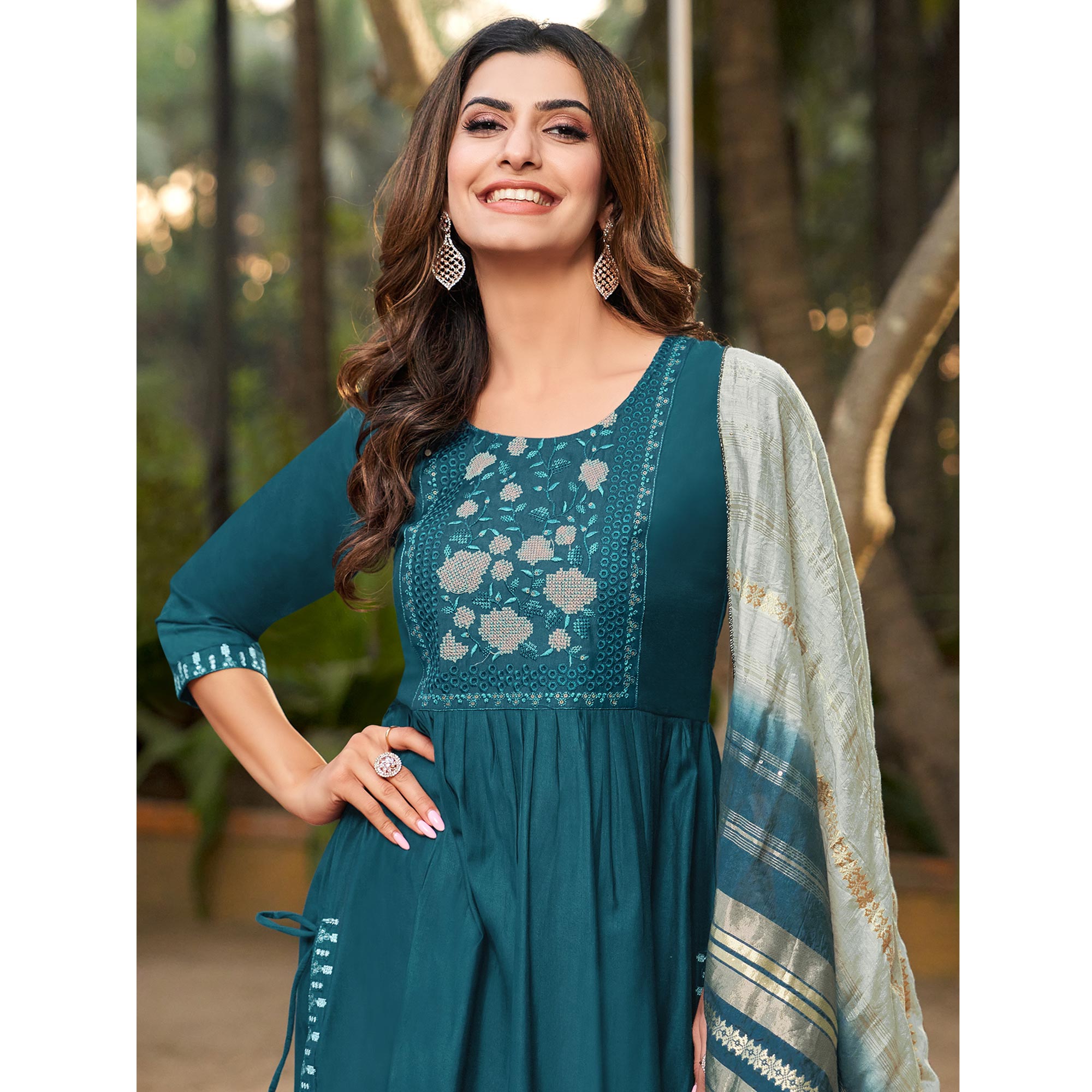 Blue Floral Embroidered Pure Silk Naira Cut Suit