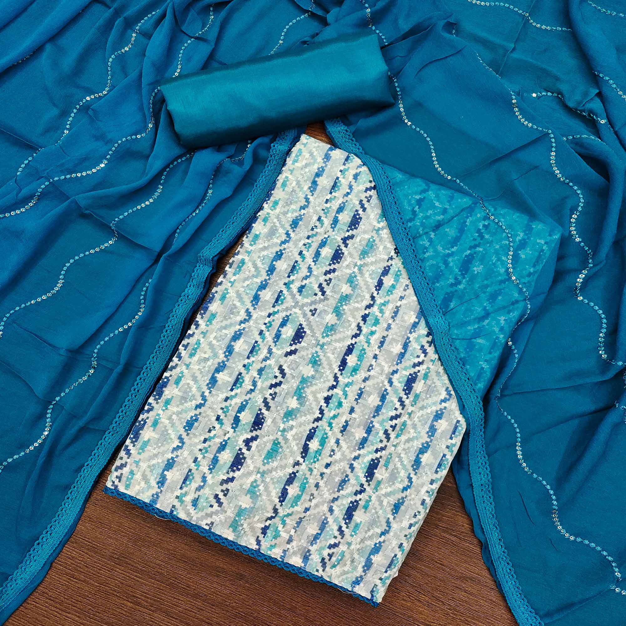 Blue & White Digital Printed Cotton Dress Material