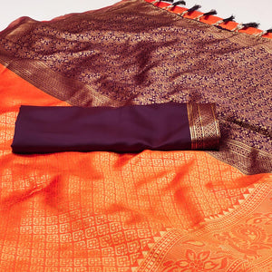 Orange Woven Jacquard Saree With Tassels