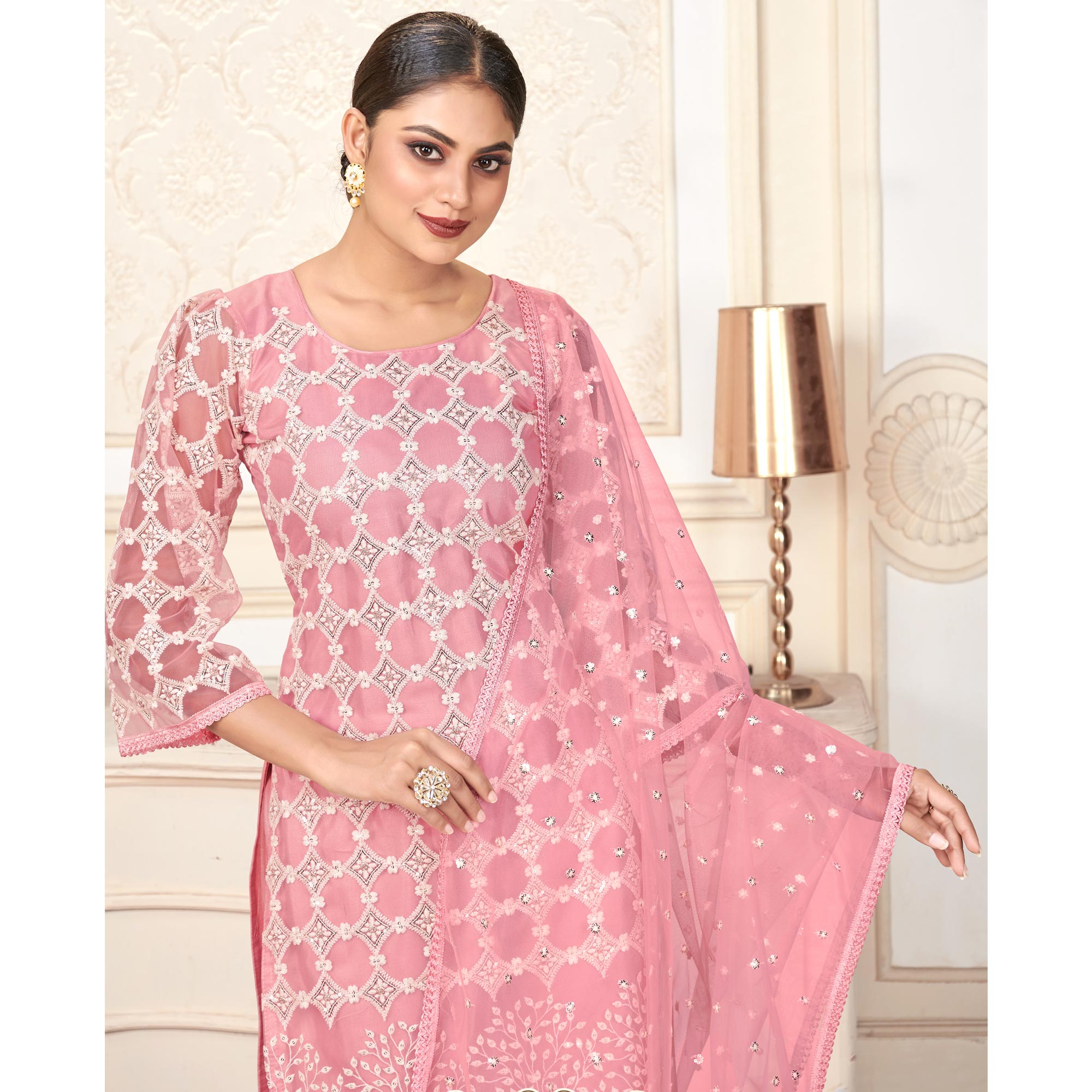 Pink Sequins Embroidered Net Semi Stitched Suit