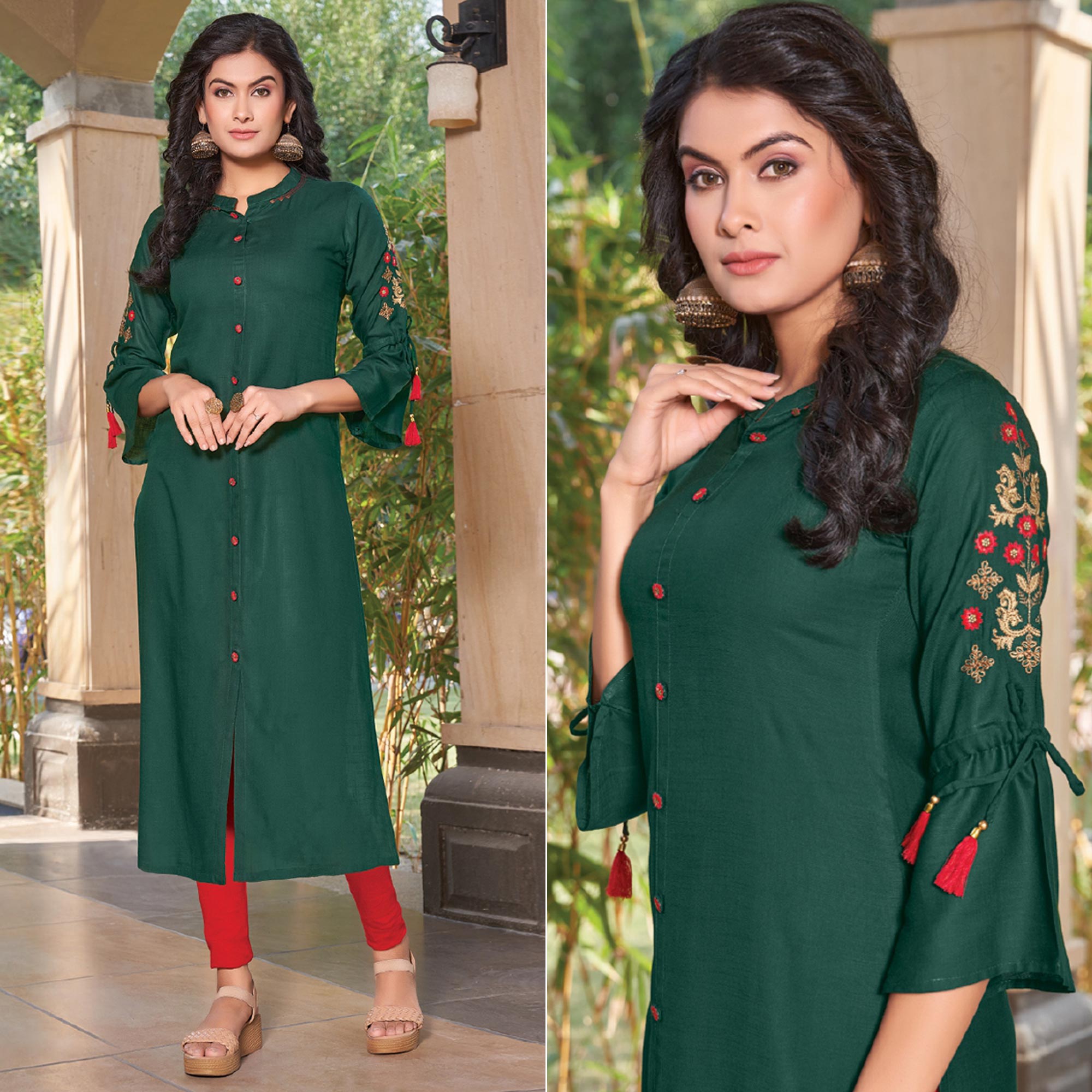 Green Floral Embroidered Rayon Kurti