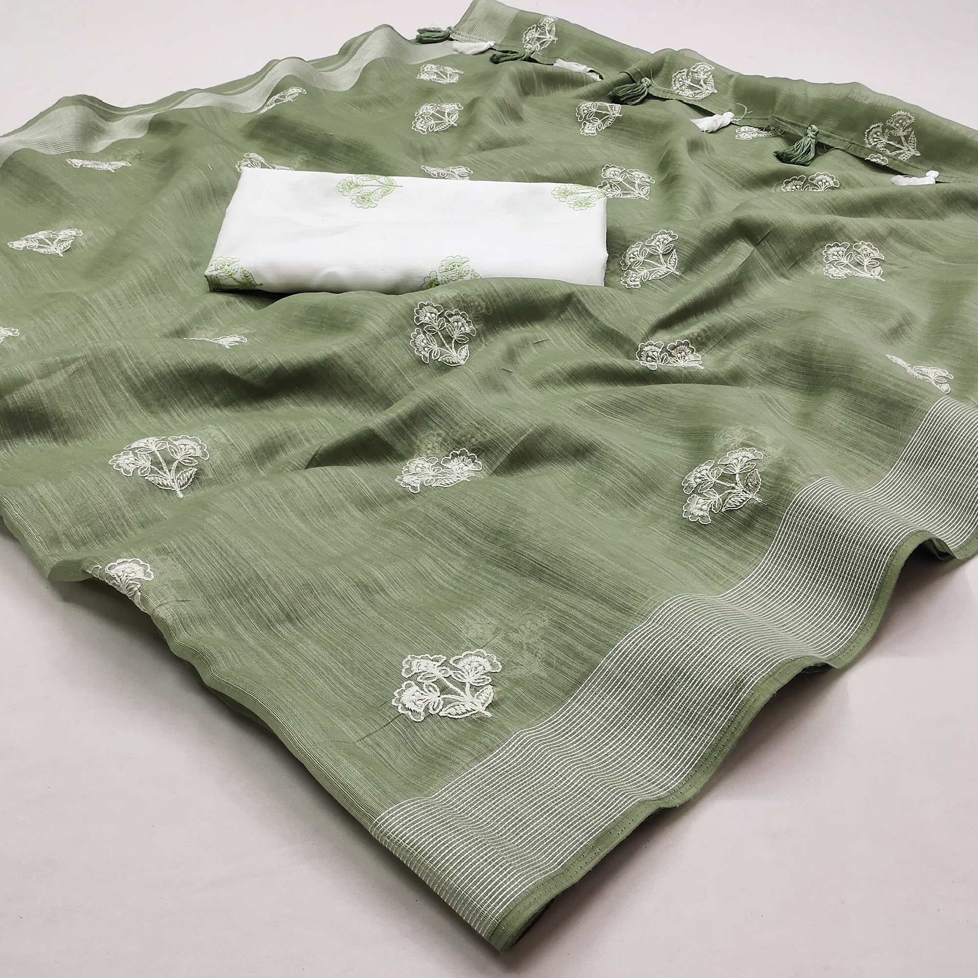 Olive Green Floral Embroidered Raw Silk Saree