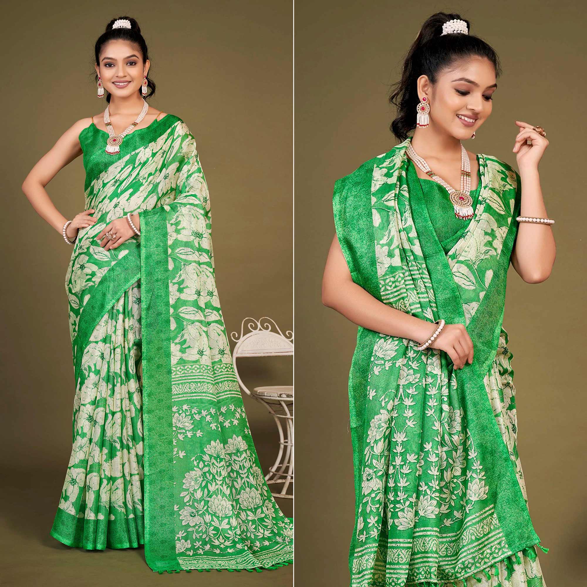 Green Floral Printed Jute Saree With Tassels