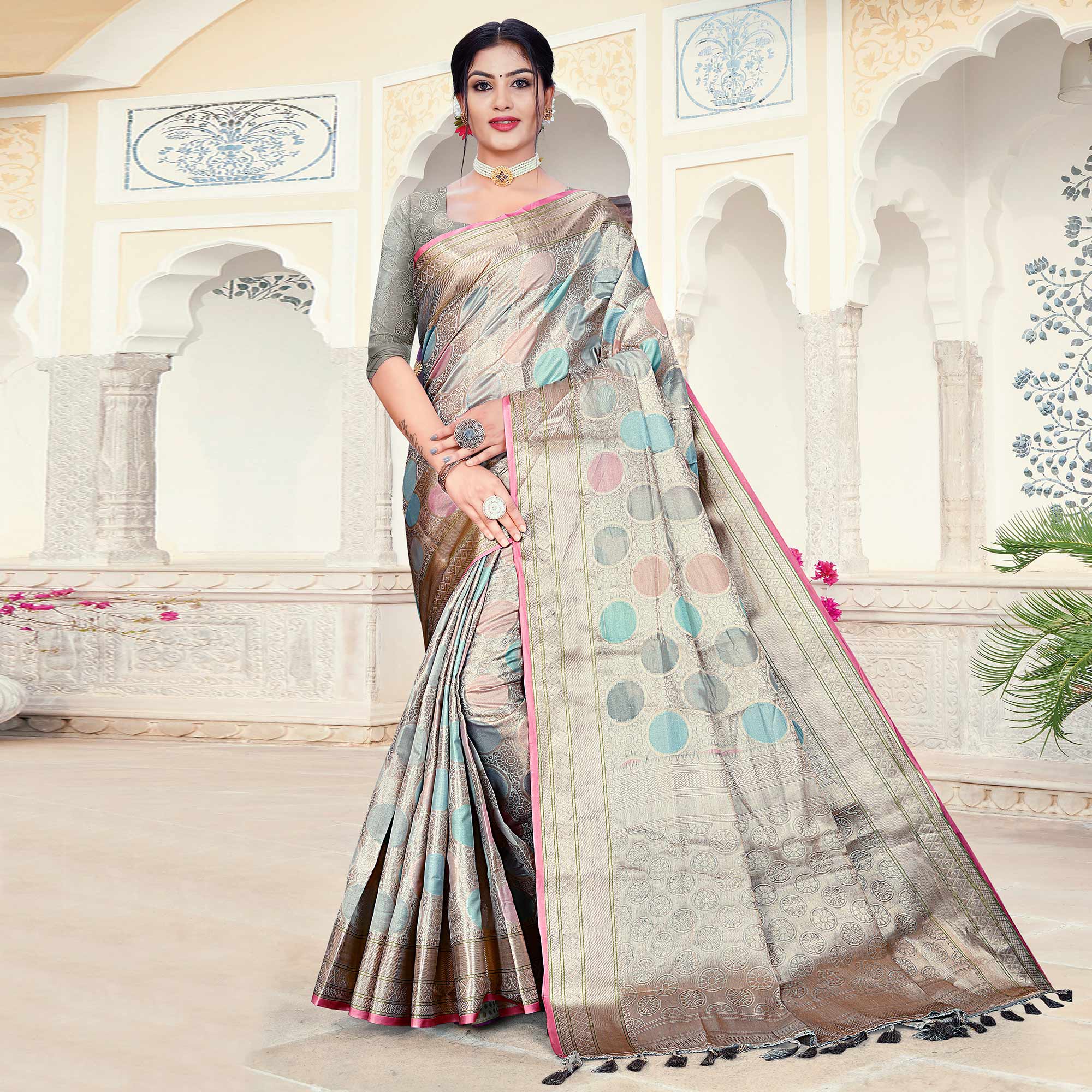 Grey Floral Woven Organza Saree With Tassels