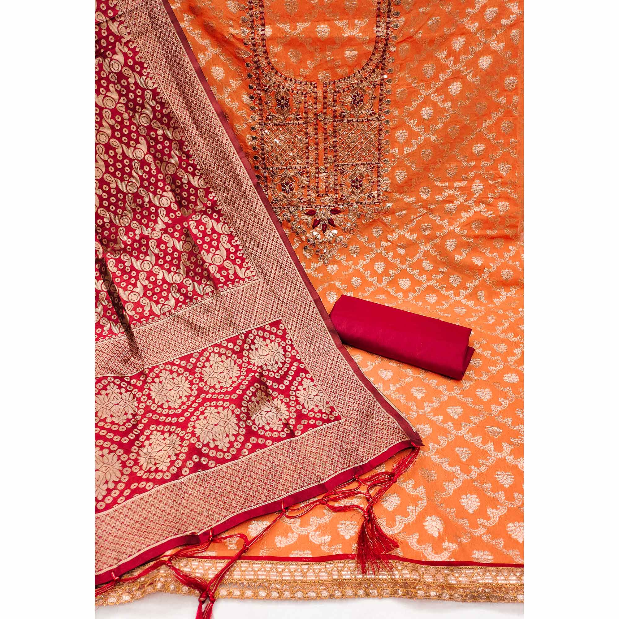 Orange Woven With Embroidered Chanderi Dress Material
