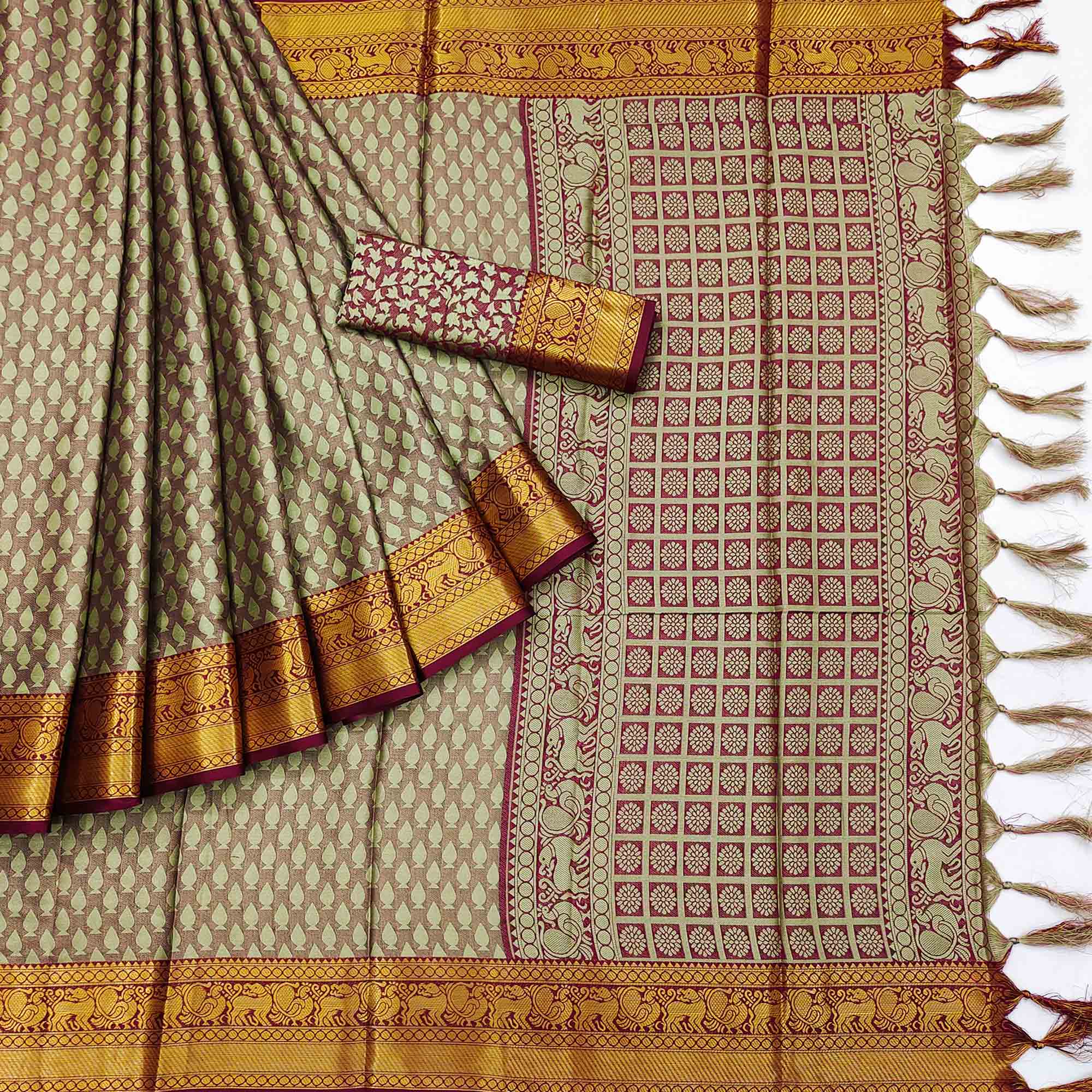 Green Woven Cotton Silk Saree With Tassels