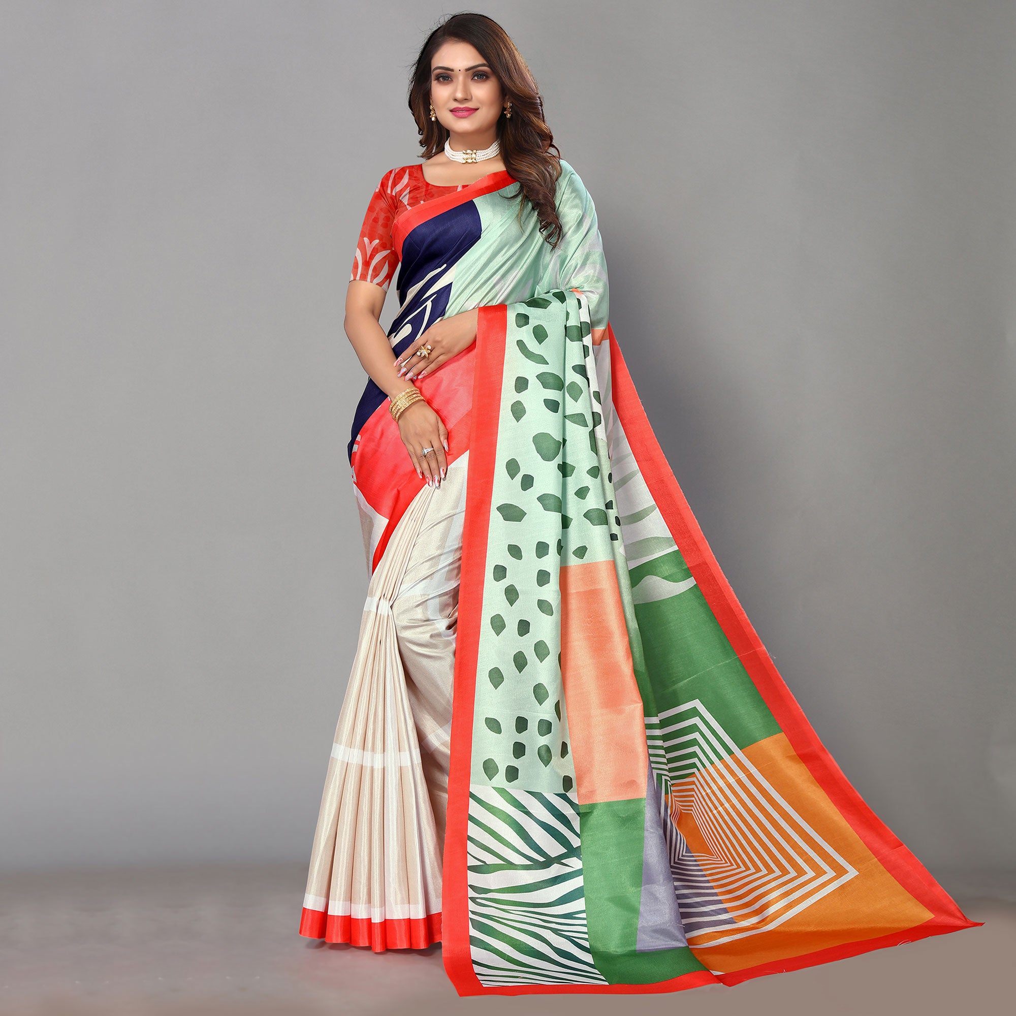 Multicolored Digital Printed Dola Silk Saree