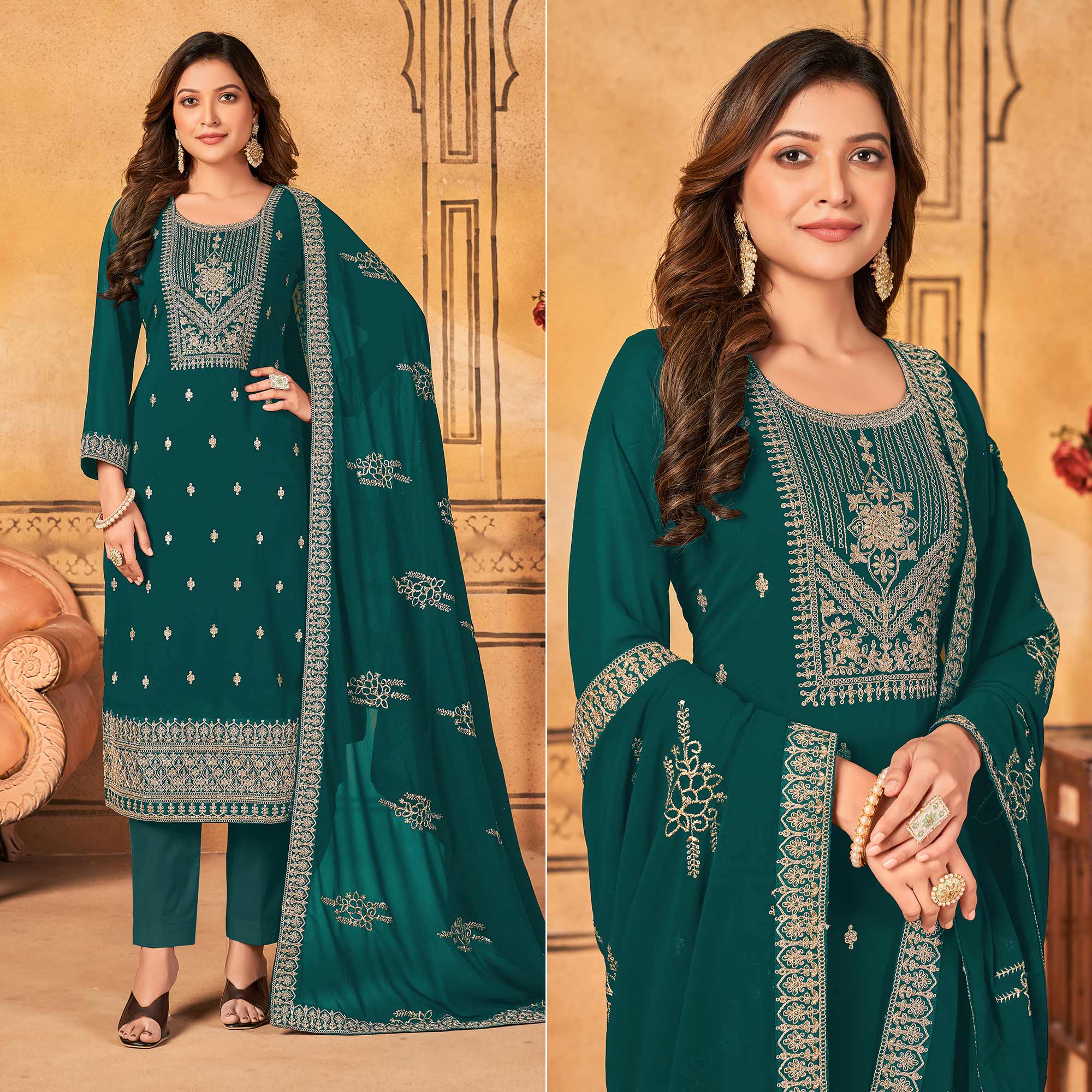 Green Floral Embroidered Georgette Salwar Suit