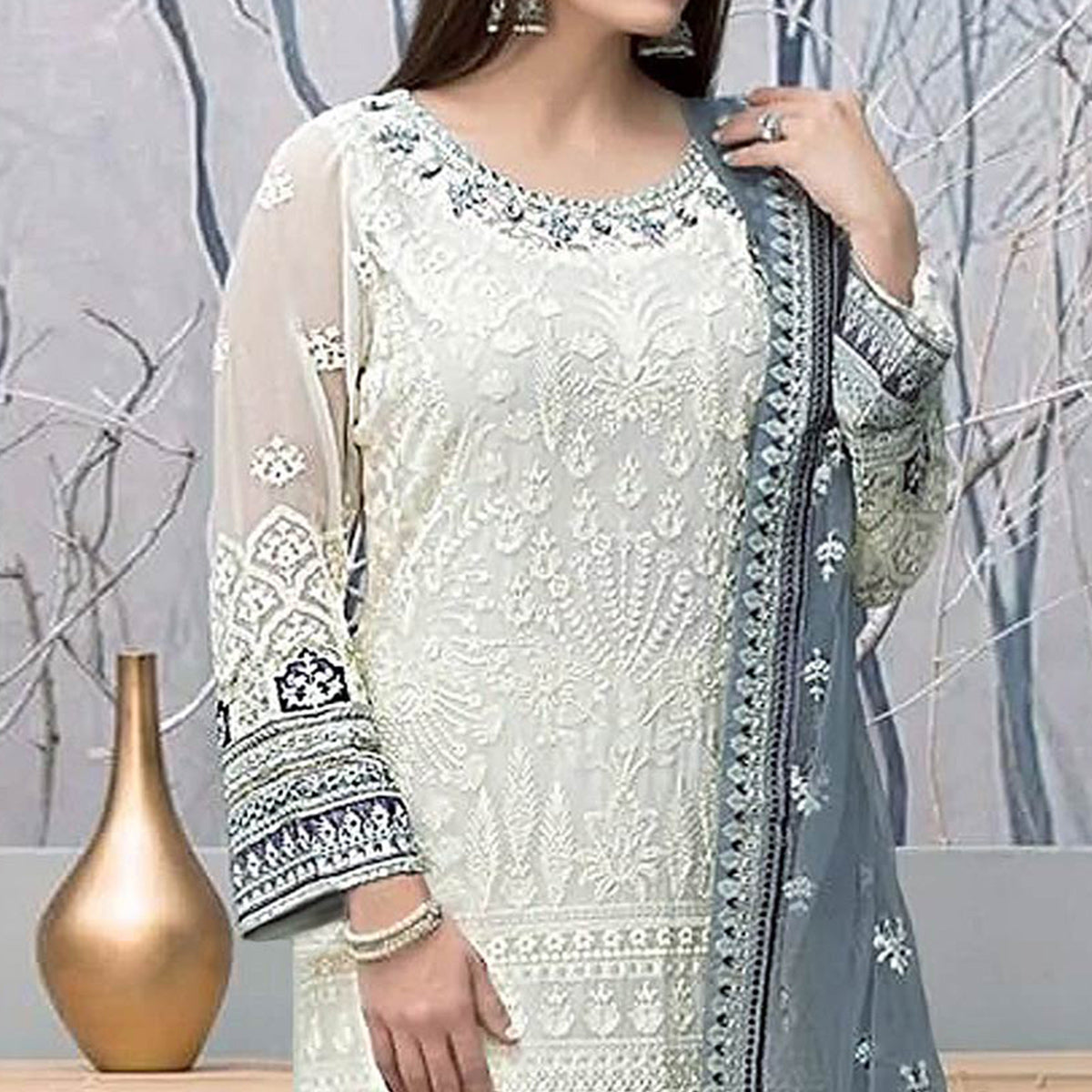 White Embroidered Georgette Pakistani Suit