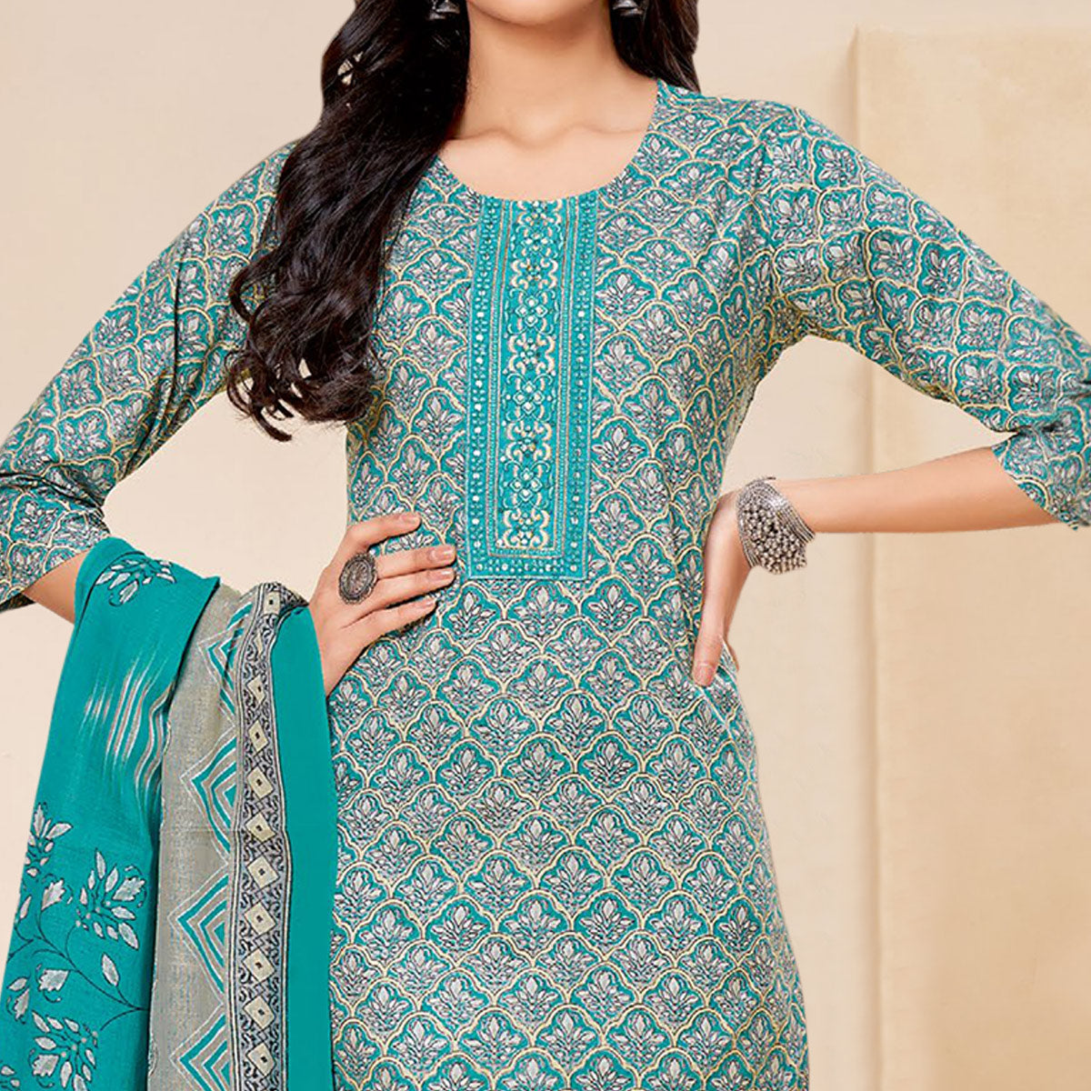 Rama Blue Printed With Tie Embroidered Pure Cotton Suit