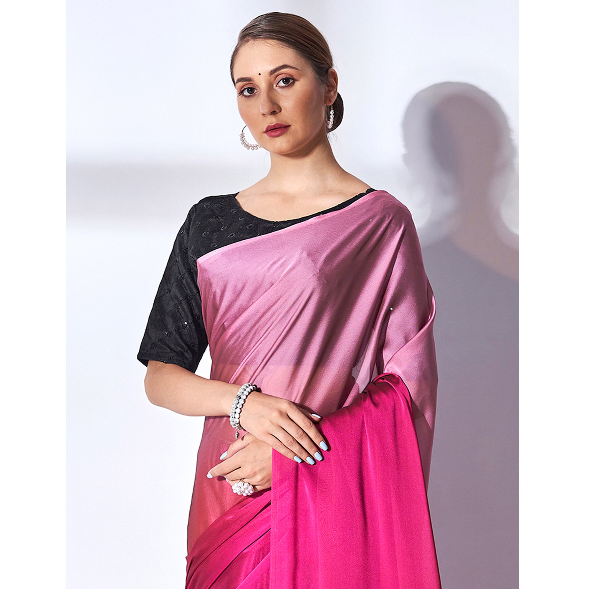 Pink Solid Georgette Saree With Tassels