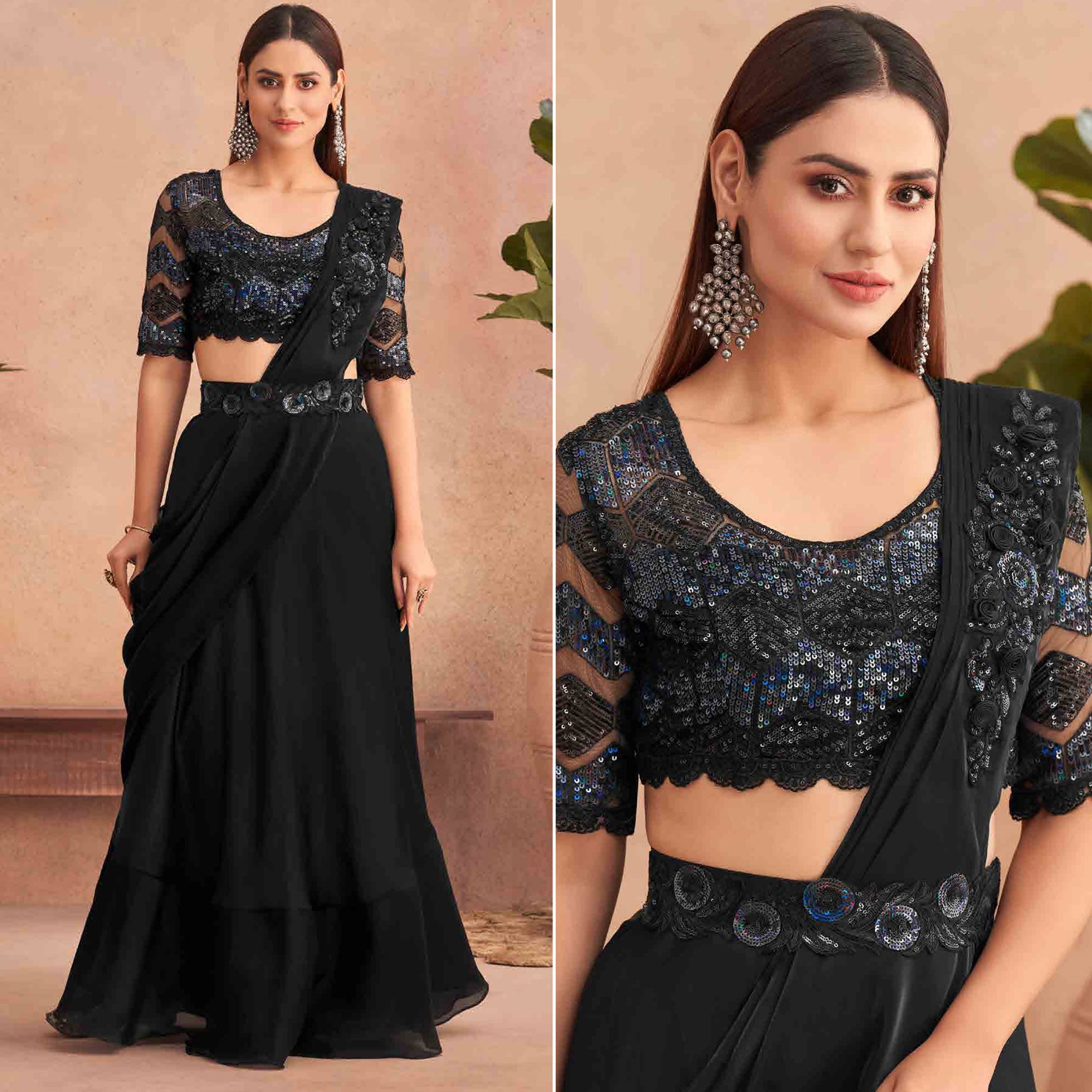 Black Sequins Embroidered Ready to Wear Art Silk Saree