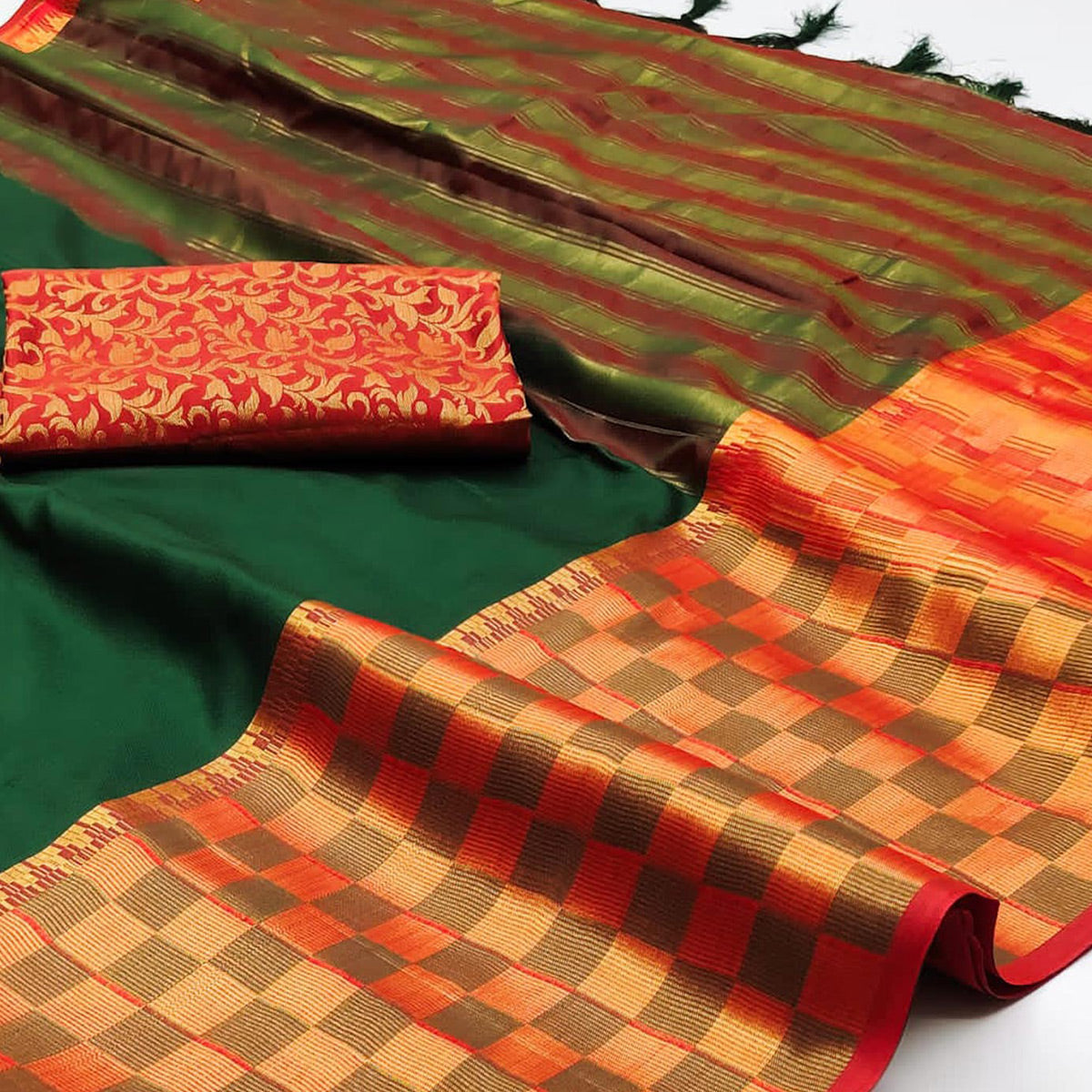 Bottle Green Woven Cotton Silk Saree With Tassels