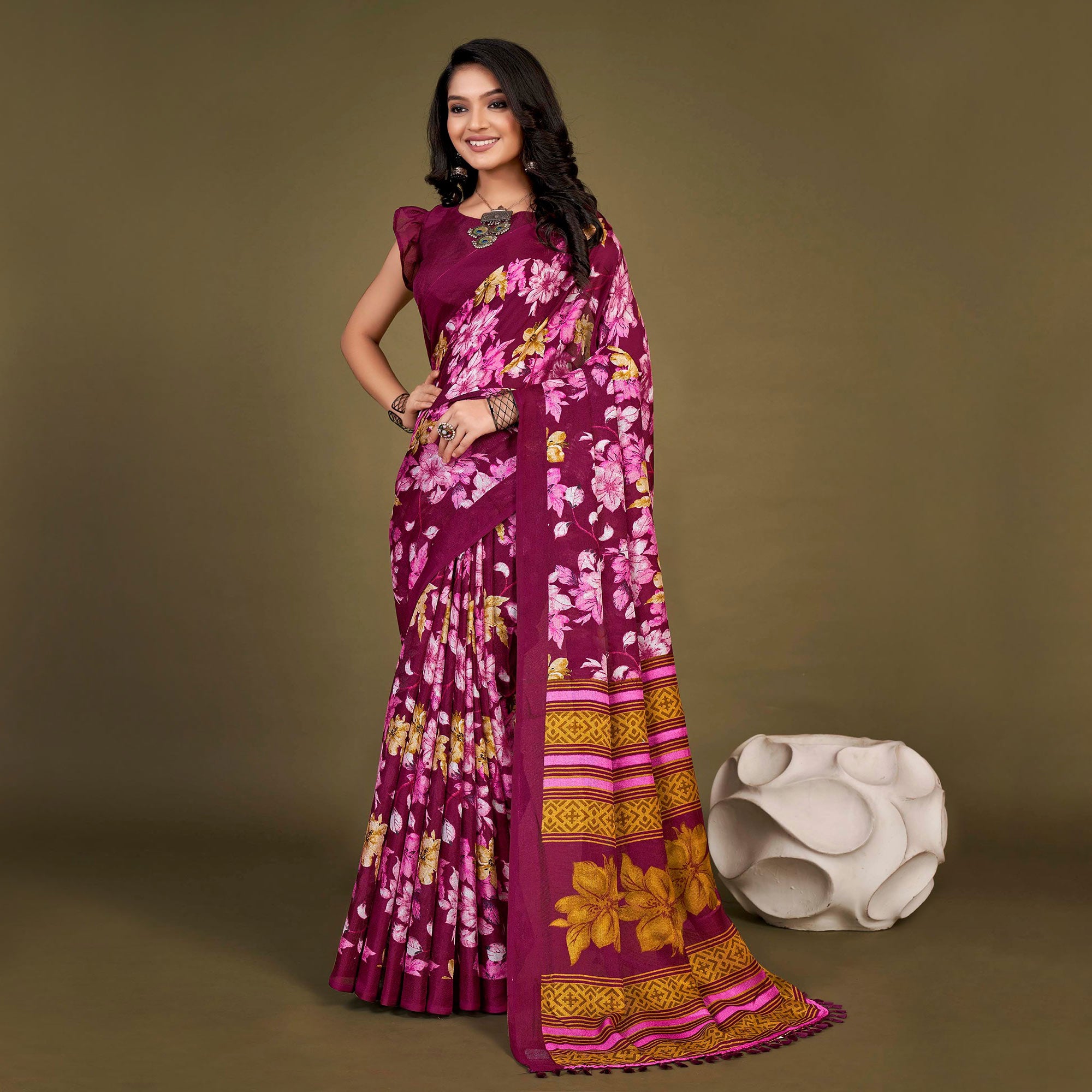 Purple Floral Printed Jute Saree With Tassels