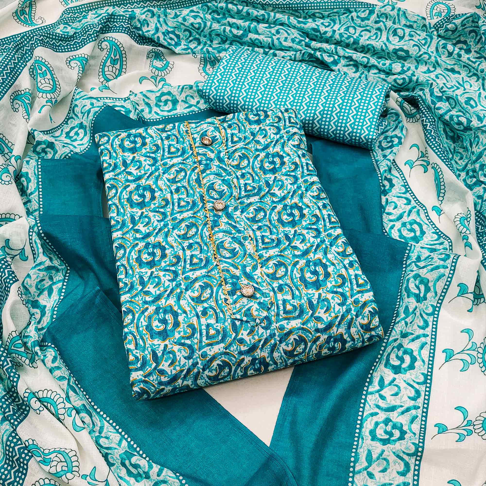 Turquoise Floral Printed Cotton Dress Material