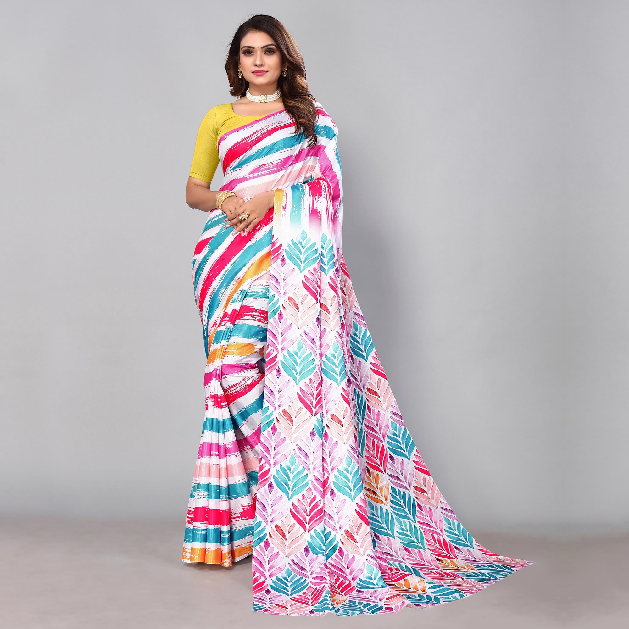 Multicolored Digital Printed Dola Silk Saree