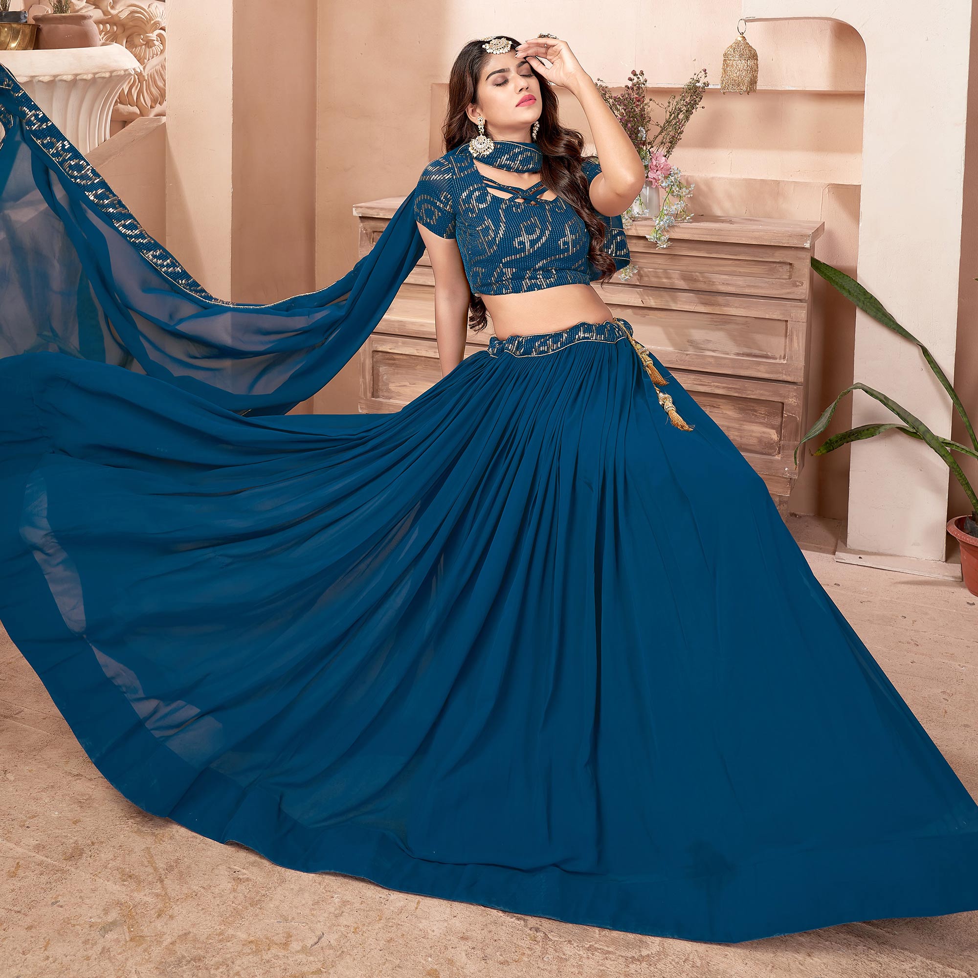 Teal Blue Sequins Embroidered Georgette Lehenga Choli