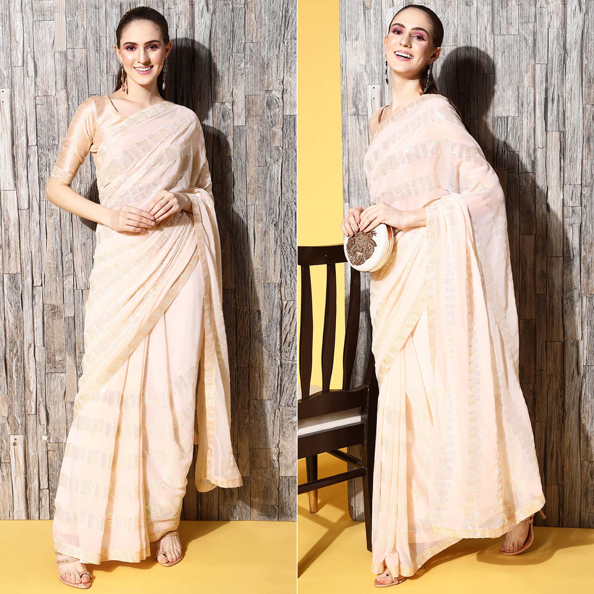 Cream Sequins Embroidered Georgette Saree