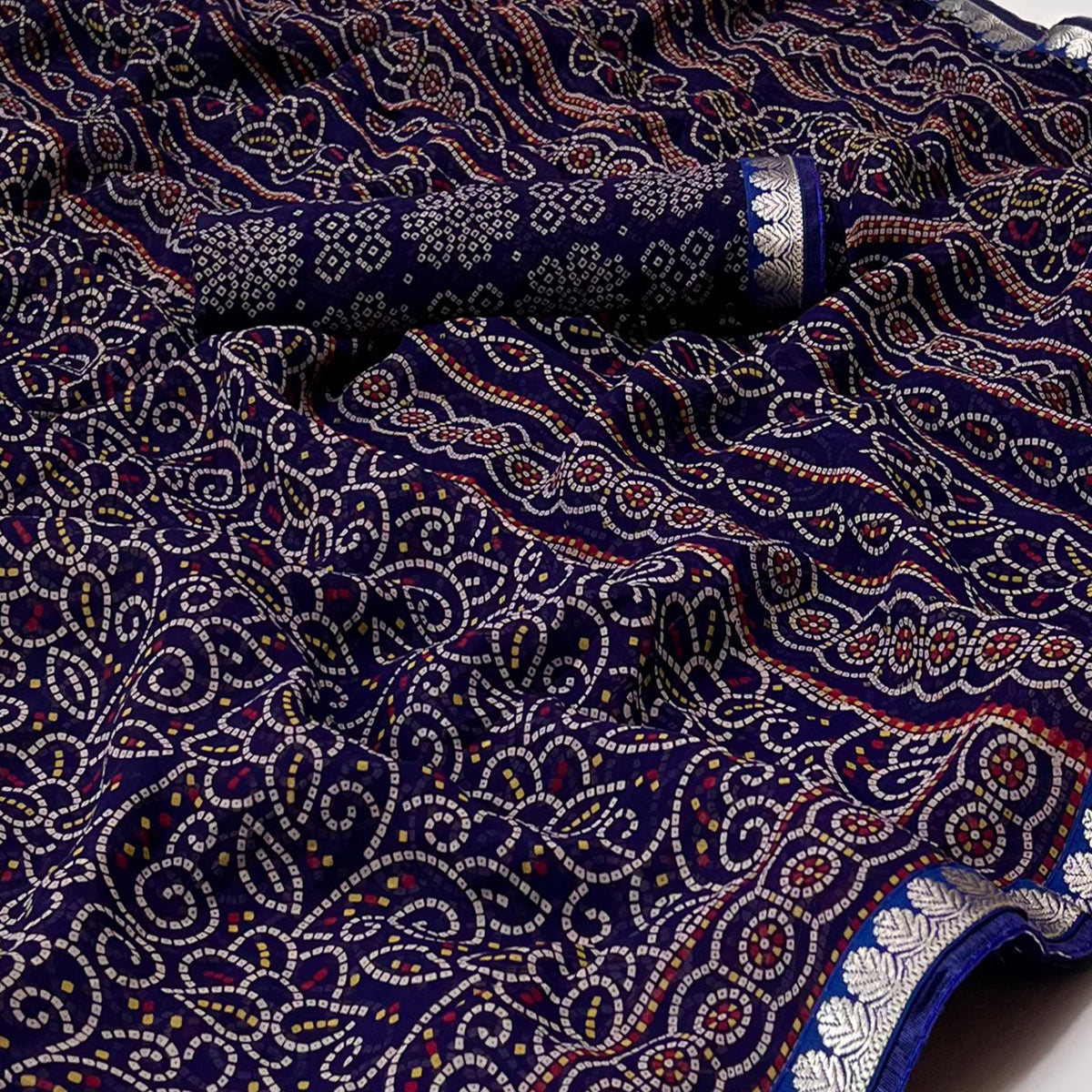 Blue Bandhani Printed Georgette Saree With Designer Border