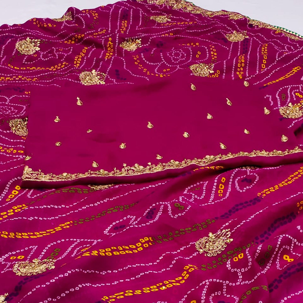 Rani Pink Embroidered With Bandhani Printed Georgette Saree