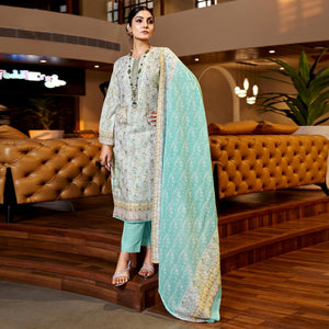 White & Aqua Blue Floral Print With Embroidered Pure Cotton Salwar Suit