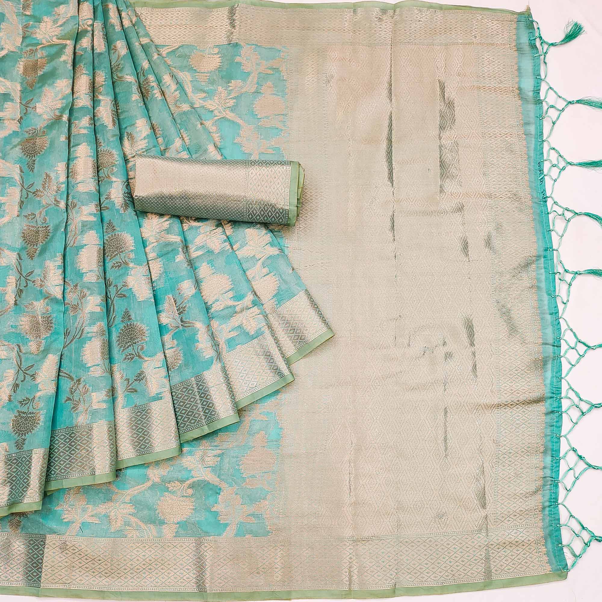 Rama Green Floral Woven Organza Saree