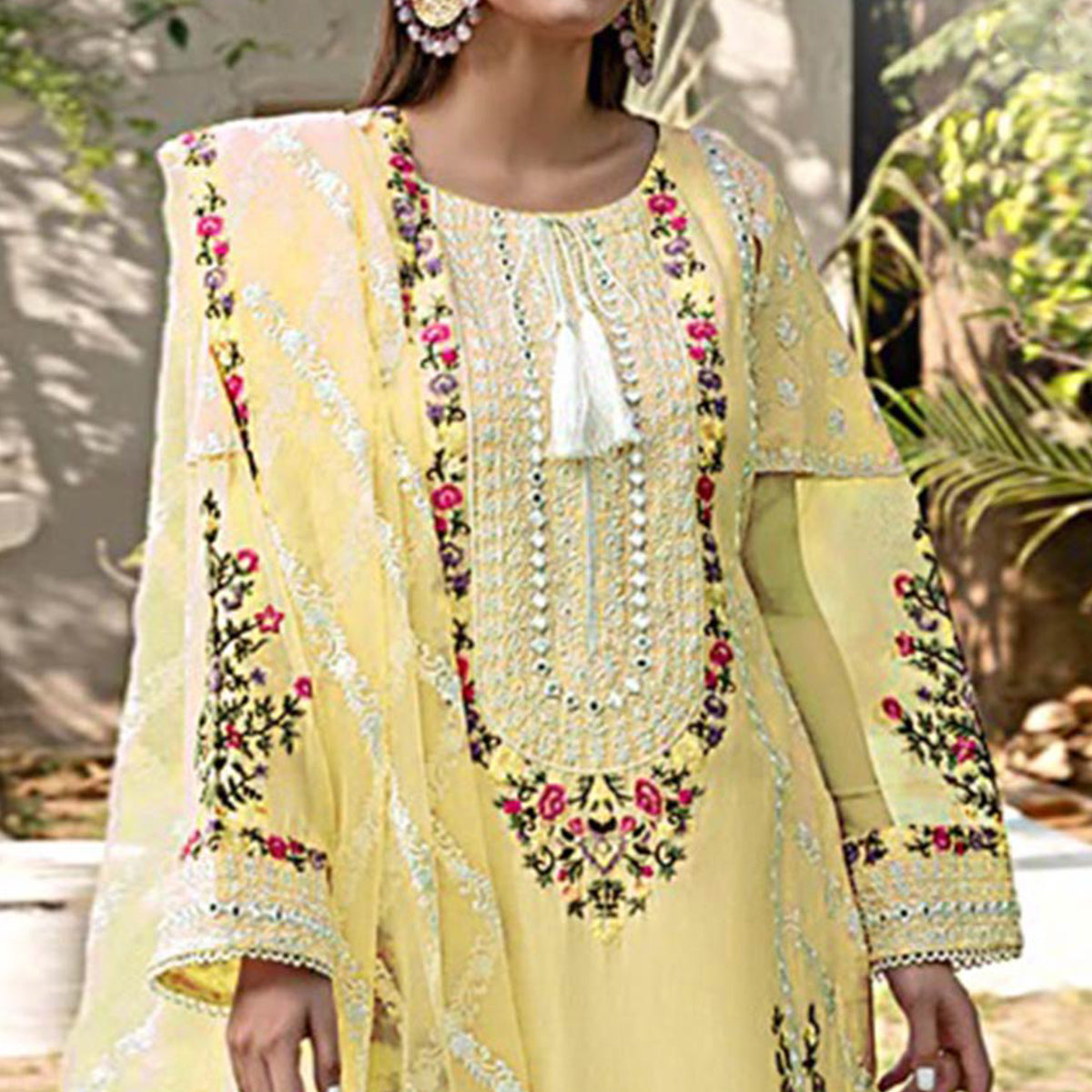 Yellow Floral Embroidered Georgette Palazzo Suit