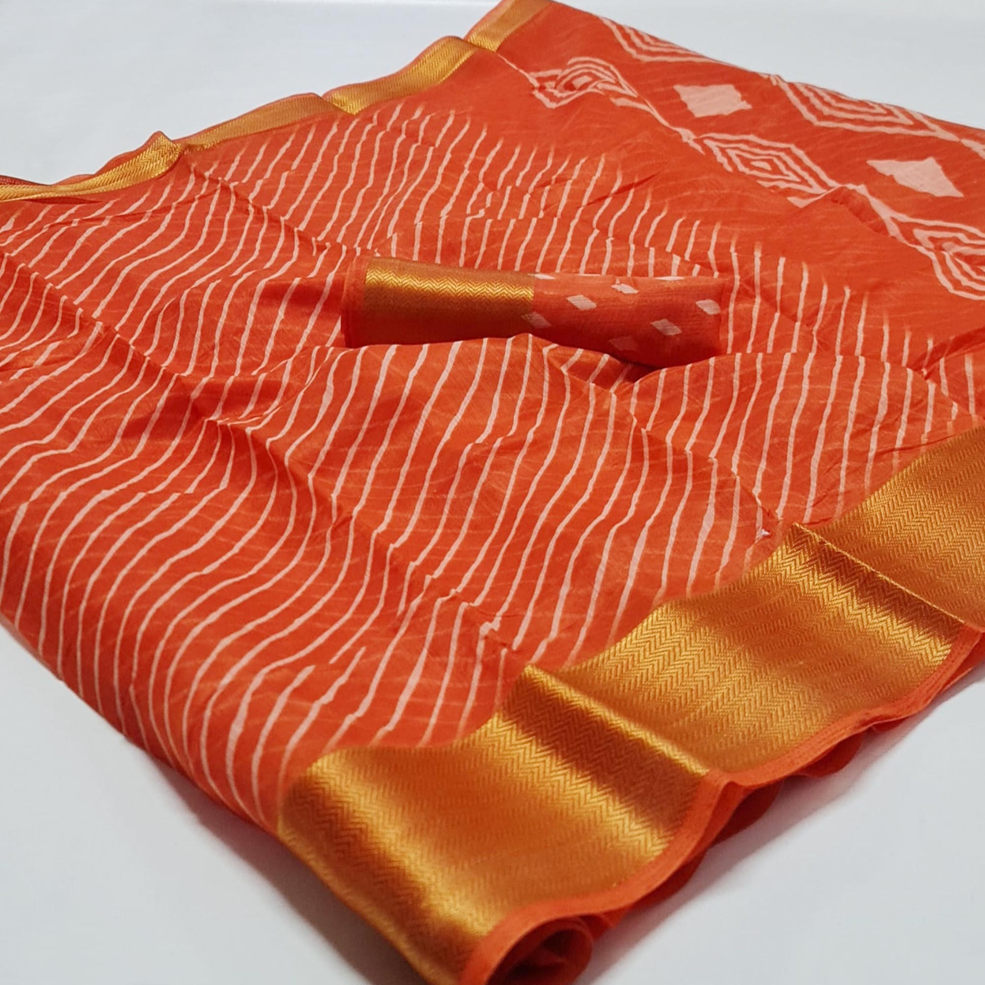 Orange Striped Printed Linen Saree