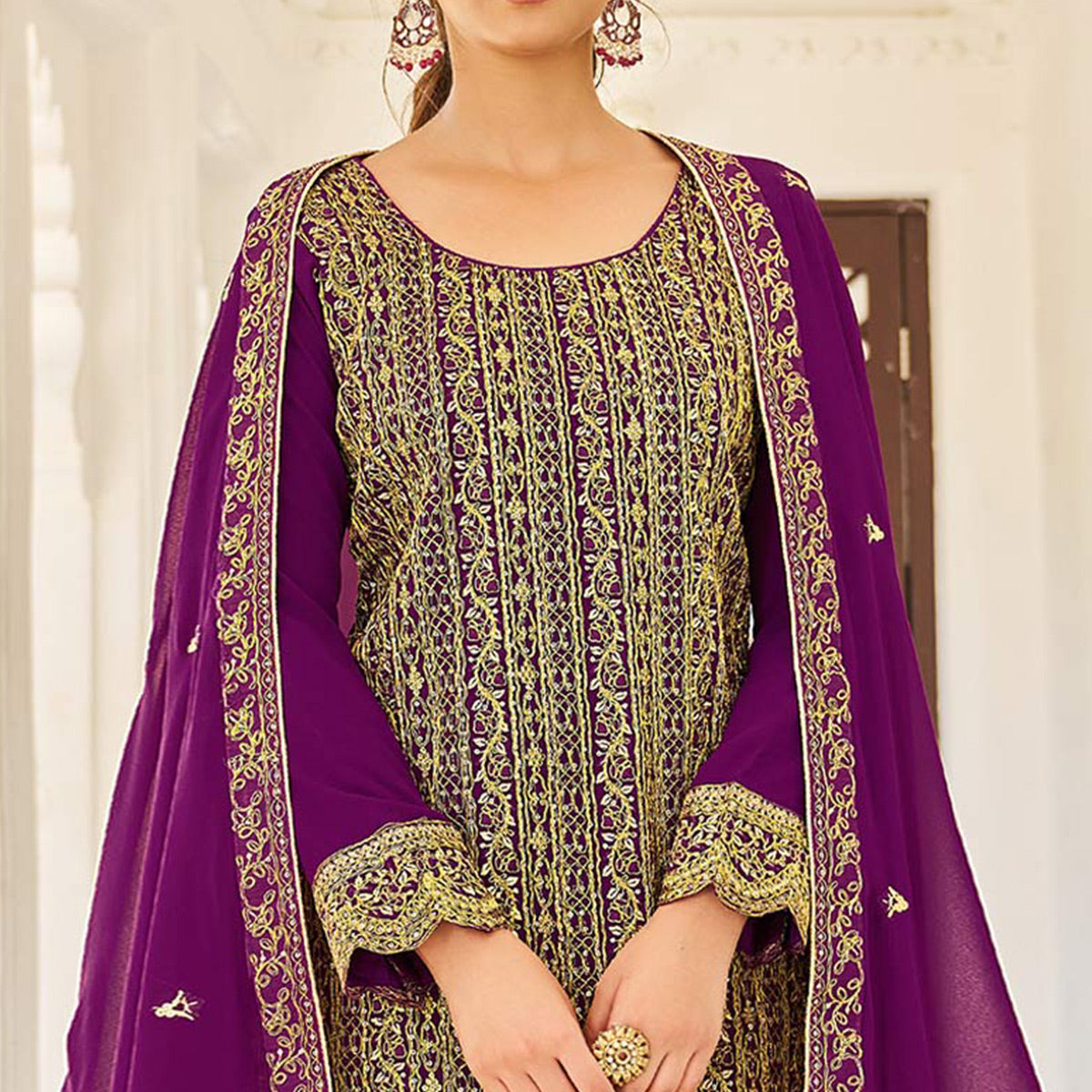 Purple Sequins Embroidered Georgette Suit