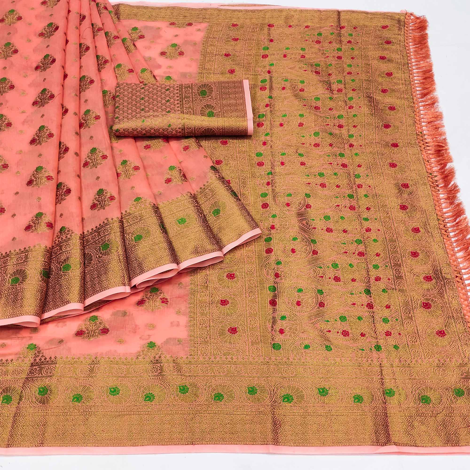 Peach Woven Cotton Blend Saree With Tassels