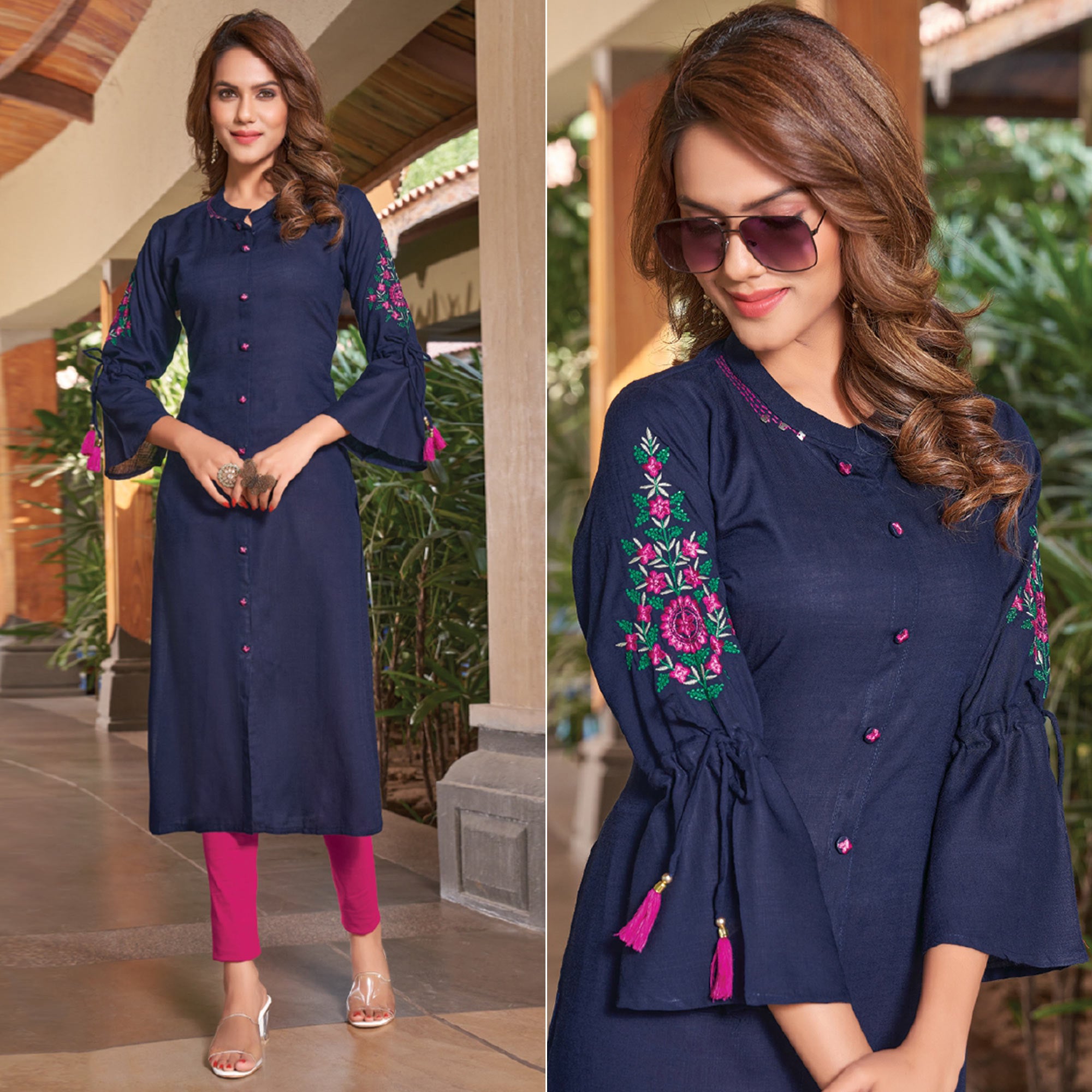 Navy Blue Floral Embroidered Rayon Kurti