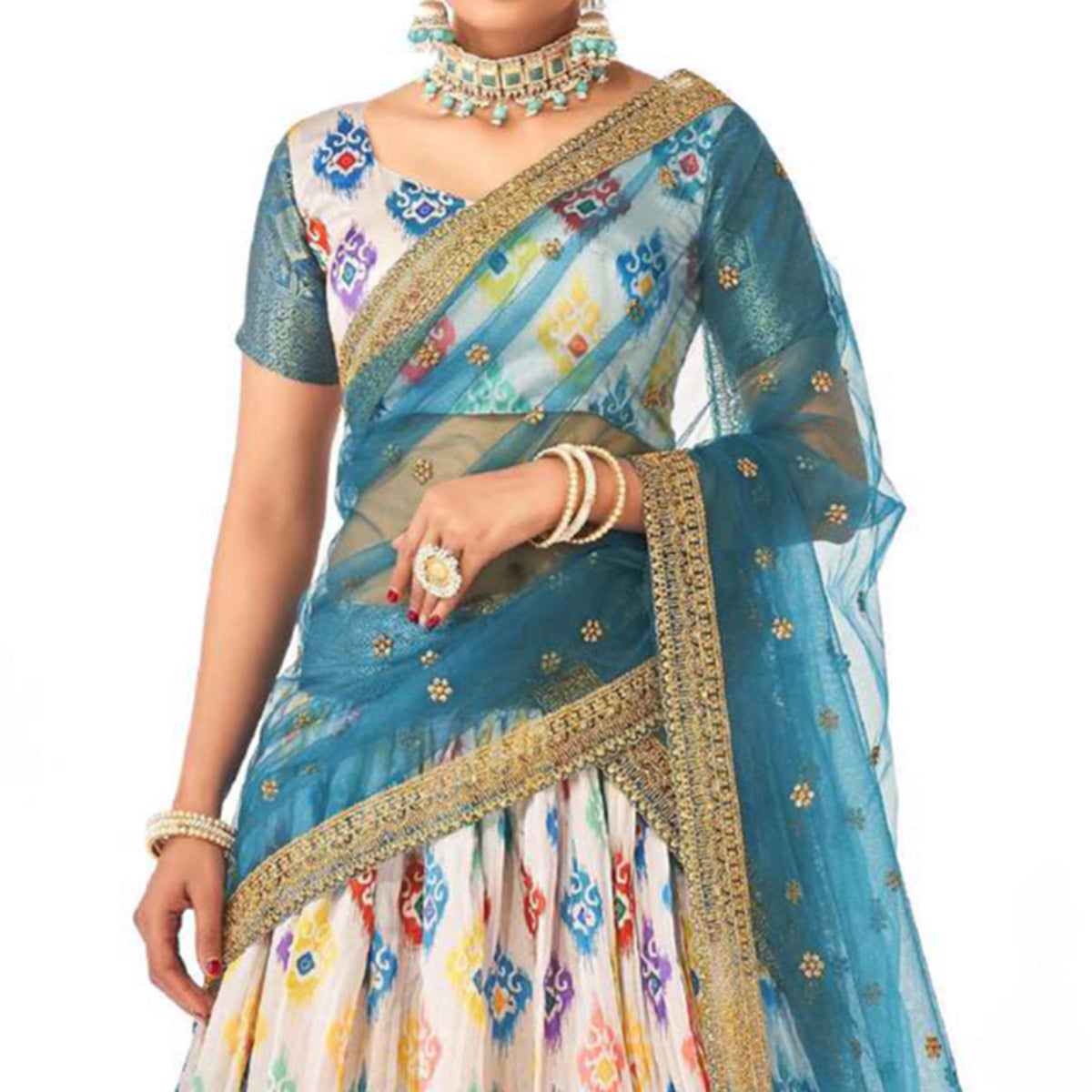 Offwhite Digital Printed With Zari Work Art Silk Lehenga Choli