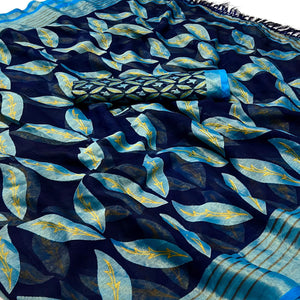 Blue Floral Digital Printed Georgette Saree With Tassels