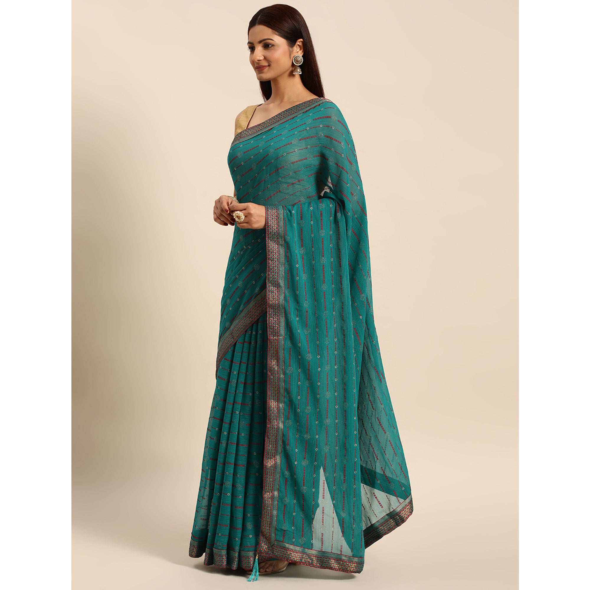 Turquoise Green Foil Printed Zomato Saree